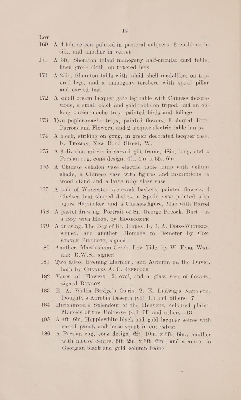 L6T 169 170 174 180 181 182 183 184 185 186 12 A 4-fold screen painted in pastoral subjects, 8 cushions in silk, and another in velvet A 8tt. Sheraton inlaid mahogany half-circular card table, lined green cloth, on tapered legs A 25in. Sheraton table with inlaid shell medallion; on tap- ered legs, and a mahogany torchere with spiral pillar and carved feet A small cream lacquer gate leg table with Chinese decora- tions, a small black and gold table on tripod, and an ob- long papier-mache tray, painted birds and foliage Lwo papier-mache trays, painted flowers, 38 shaped ditto, Parrots and Flowers, and 2 lacquer electric table lamps A clock, striking on gong, in green decorated lacquer case. by Tnomas, New Bond Street, W. A 8-division mirror in egarved gilt frame, 48in. long, and a Persian rug, cone design, 4ft, 4in. x 3ft. 6in. A Chinese celadon vase electric table lamp with vellum shade, a Chinese vase with figures and inscriptions, a wood stand and a large ruby glass vase A pair of Worcester openwork baskets, painted flowers, 4 Chelsea leaf shaped dishes, a Spode vase painted with figure Haymaker, and a Chelsea figure, Man with Barrel A pastel drawing, Portrait of Sir George Pocock, Bart., as a Boy with Hoop, by EDGECOMBE A drawing, The Bay of St. Tropez, by I. A. Dops-Witimrs, signed, and another, Homage to Demeter, by Con- STANCE PHILLOTT, signed Another, Martlesham Creek, Low Tide, by W. Eyre Wat- KER, R.W.S., signed Two ditto, Evening Harmony and Autumn on the Duver, both by Cuaruss A. C. JEFFCOCK Vases of Flowers, 2, oval, and a glass vase of flowers, signed Rynson HK, A. Walls. Bridge’s Osiris, 2, E. Ludwig’s Napoleon, Doughty's Abrabia Deserta (vol. IT) and others—7 Hutchinson’s Splendour of the Heavens, coloured plates. Marvels of the Universe (vol. IT) and others—13 A 4ft. 6in. Hepplewhite black and gold lacquer settee with caned panels and loose squab In cut velvet A Persian rug, cone design, 6ft, 10in. x 8ft, 6in., another with mauve centre, 6ft. 2in. x 8ft, 6in.. and a mirror in Georgian black and gold column frame