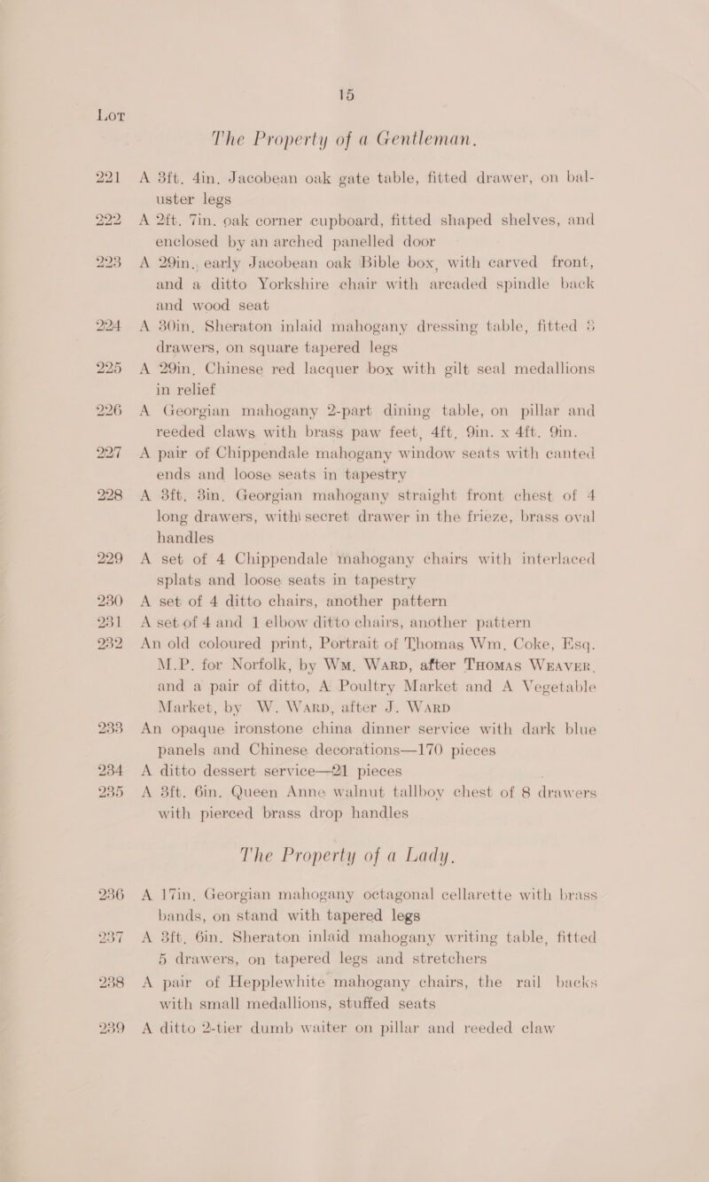 The Property of a Gentleman, A 3ft. 4in. Jacobean oak gate table, fitted drawer, on bal- uster legs A 2ft. Tin. oak corner cupboard, fitted shaped shelves, and enclosed by an arched panelled door A 29in., early Jacobean oak Bible box, with carved front, and a ditto Yorkshire chair with arecaded spindle back and wood seat A 380in, Sheraton inlaid mahogany dressing table, fitted 5 drawers, on square tapered legs A 29in, Chinese red lacquer box with gilt seal medallions in relief A Georgian mahogany 2-part dining table, on pillar and reeded claws with brass paw feet, 4ft, Qin. x 4ft. Qin. A pair of Chippendale mahogany window seats with canted ends and loose seats in tapestry A 3ft. 8in, Georgian mahogany straight front chest of 4 long drawers, with secret drawer in the frieze, brass oval handles A set of 4 Chippendale mahogany chairs with interlaced splats and loose seats in tapestry A set of 4 ditto chairs, another pattern A set of 4 and 1 elbow ditto chairs, another pattern An old coloured print, Portrait of Thomas Wm, Coke, Esq. M.P. for Norfolk, by Wm, Warp, after THomas WEAVER. and a pair of ditto, A’ Poultry Market and A Vegetable Market, by W. Warp, after J. WARD An opaque ironstone china dinner service with dark blue panels and Chinese decorations—170 pieces A ditto dessert service—2] pieces A 8ft. 6in. Queen Anne walnut tallboy chest of 8 drawers with pierced brass drop handles The Property of a Lady, A 17in, Georgian mahogany octagonal cellarette with brass bands, on stand with tapered legs A 8ft, 6in. Sheraton inlaid mahogany writing table, fitted 5 drawers, on tapered legs and stretchers A pair of Hepplewhite mahogany chairs, the rail backs with small medallions, stuffed seats A ditto 2-tier dumb waiter on pillar and reeded claw