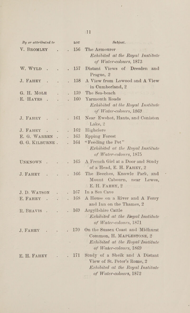 V. BROMLEY W. WYLD J. FAHEY G. H. MOLE EK. HAYES Jo PAHBY = FAHEY EK. G. WARREN UNKNOWN J. FAHEY J. D. WATSON EK. FAHEY R. BEAVIS J. FAHEY BK. H. FAHEY 156 157 158 159 160 161 162 163 164 165 166 167 168 169 170 171 The Armourer Mee cay Exhibited at the Royal Institute of Water-colours, 1873 Distant Views of Dresden and Prague, 2 A View from Lowood and A View in Cumberland, 2 The Sea-beach Yarmouth Roads Exhibited at the Royal Institute of Water-colowrs, 1869 Near Ewshot, Hants, and Coniston ~-Lake, 2 Highceiere Epping Forest “Feeding the Pet”’ Exhibtted at the Royal Institute of Water-colours, 1875 A French Girl at a Door and Study of a Head, E. H. FAHEY, 2 The Beeches, Knowle Park, and Mount Cabourn, near Lewes, . Hee PARRY, 2 In a Sea Cave A House on a River and A Ferry and Inn on the Thames, 2 Argyllshire Cattle ‘Exhibited at the Reyal Institute of Water-colours, 1871 On the Sussex Coast and Midhurst Common, H. MAPLESTONE, 2 Exhibited at the Royal Institute of Water-colours, 1869 Study of a Sheik and A Distant View of St. Peter’s Rome, 2 Eixhilited at the Royal Institute
