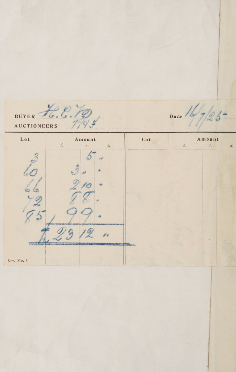 f- ie Be} t .# Me Z A Lat £ 7 » f 3 fy fl fp diy iv BUYER “” é@. é . SQ | | Date 7 Fifa AUCTIONEERS... VS ie 0 eek Sty  Lot Amount Lot | Amount       aot oe kA           Sty. Mu. 3
