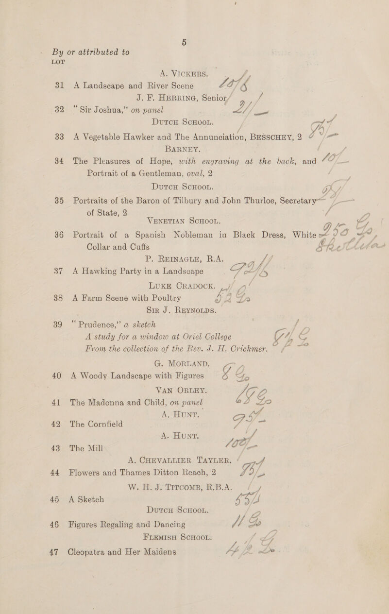 LOT 32 Ay VICKERS. i 31 A Landscape and River Scene L476 J. KH. HERRING, Senior j sale 7 a ; yy, y ir Joshua,” on pane ll a ; Durcu Scuoon. | po 33 34 35 36 37 38 39 40 41 42 43 44 45 46 47 A Vegetable Hawker and The Annunciation, BESSCHEY, 2 “ BARNEY. The Pleasures of Hope, with engraving at the back, and MO Portrait of a Gentleman, oval, 2 / DutcH SCHOOL. Ie Portraits of the Baron of Tilbury and John Thurloe, Secretary— 5 of State, 2 é VENETIAN SCHOOL. gic, &amp; Portrait of a Spanish Nobleman in Black Dress, White a vo Par Collar and Cuffs | FRAO P. REINAGLE, R.A. a fe A Hawking Party in a Landscape aoe fy LUKE CRADOCK. ,7/ A’ ? ga * Lacsth? F “ $2 fers A Farm Scene with Poultry 6) 46 TR Sir J. REYNOLDS. “ Prudence,” a sketch . | A study for a window at Oriel College Vv AG From the collection of the Rev. J. H. Crickmer. ~ ~~ G. MORLAND. OV A Woody Landscape with Figures Io VAN ORLEY. 17 DP 7 LVe. The Madonna and Child, on panel 2 rs A ONL = 47 The Cornfield | FP Bee A. ELON, ae The Mill OG go A. CHEVALLIER TAYLER. ¢ Wf Flowers and Thames Ditton Reach, 2 Vo. W. BJ trrcom RB AL fy A Sketch SOL DutcH SCHOOL. Figures Regaling and Dancing Phi FLemMisH ScHooL. ne Cleopatra and Her Maidens AP LR ol -