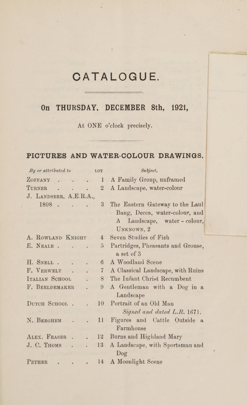  ZOFFANY ie TURNER 1808 A. RowLanp KNIGHT EK. NEALE . H. SNELL . EF, VERWELT ITALIAN SCHOOL F, BEELDEMAKER N. BEeRGHEM ALEX. FRASER . J. C. THoms PETHER ou > Oo ON OS A Family Group, unframed The Hastern Gateway to the Laul) Bang, Decca, water-colour, and | A Landscape, water - colour, . Unknown, 2 Seven Studies of Fish Partridges, Pheasants and Grouse, A Woodland Scene A Classical Landscape, with Ruins The Infant Christ Recumbent A Gentleman with a Dog in a. Landscape Signed and dated L.R. 1671. Figures and Cattle Outside a Farmhouse Burns and Highland Mary A Landscape, with Sportsman and Dog A Moonlight Scene  