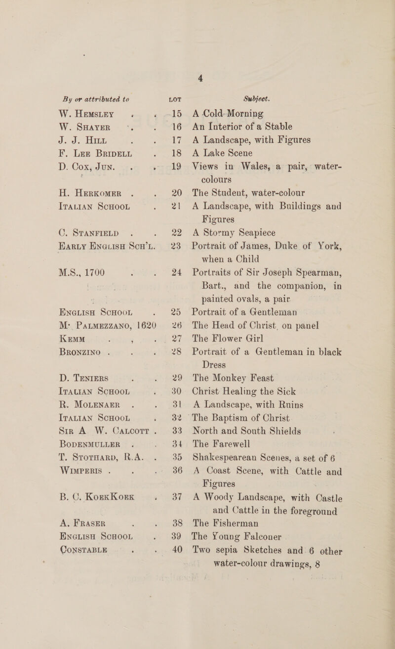 W. SHAYER J: 3. Hin F. Lez BripELL H. HERKoMER ITALIAN ScHOOL C. STANFIELD Harty ENGvIsa Scw’L. M.S., 1700 ENGLISH SCHOOL M: PatmEzzano, 1620 KEMM : : BRONZINO . D. TENIERS ITALIAN ScHOOL R. MoLenagr ITALIAN SCHOOL Str A. W. Caucorr . BopENMULLER T. SrorHarp, R.A. WIMPERIS . B. C. Konk Kork A. FRASER ENGLISH SCHOOL CONSTABLE 17 21 A Cold- Morning An Interior of a Stable A Landscape, with Figures A Lake Scene Views in Wales, a pair, water- colours i The Student, water-colour A Landscape, with Buildings and Figures A Stormy Seapiece Portrait of James, Duke of York, when a Child Portraits of Sir Joseph Spearman, Bart., and the companion, in painted ovals, a pair Portrait of a Gentleman The Head of Christ, on panel The Flower Girl Portrait of a Gentleman in black Dress The Monkey Feast. Christ’ Healing the Sick A Landscape, with Ruins North and South Shields The Farewell Shakespearean Scenes, a set of 6 A Coast Scene, with Cattle and Figures | : A Woody Landscape, with Castle and Cattle in the foreground The Fisherman The Young Falconer Two sepia Sketches and: 6 other