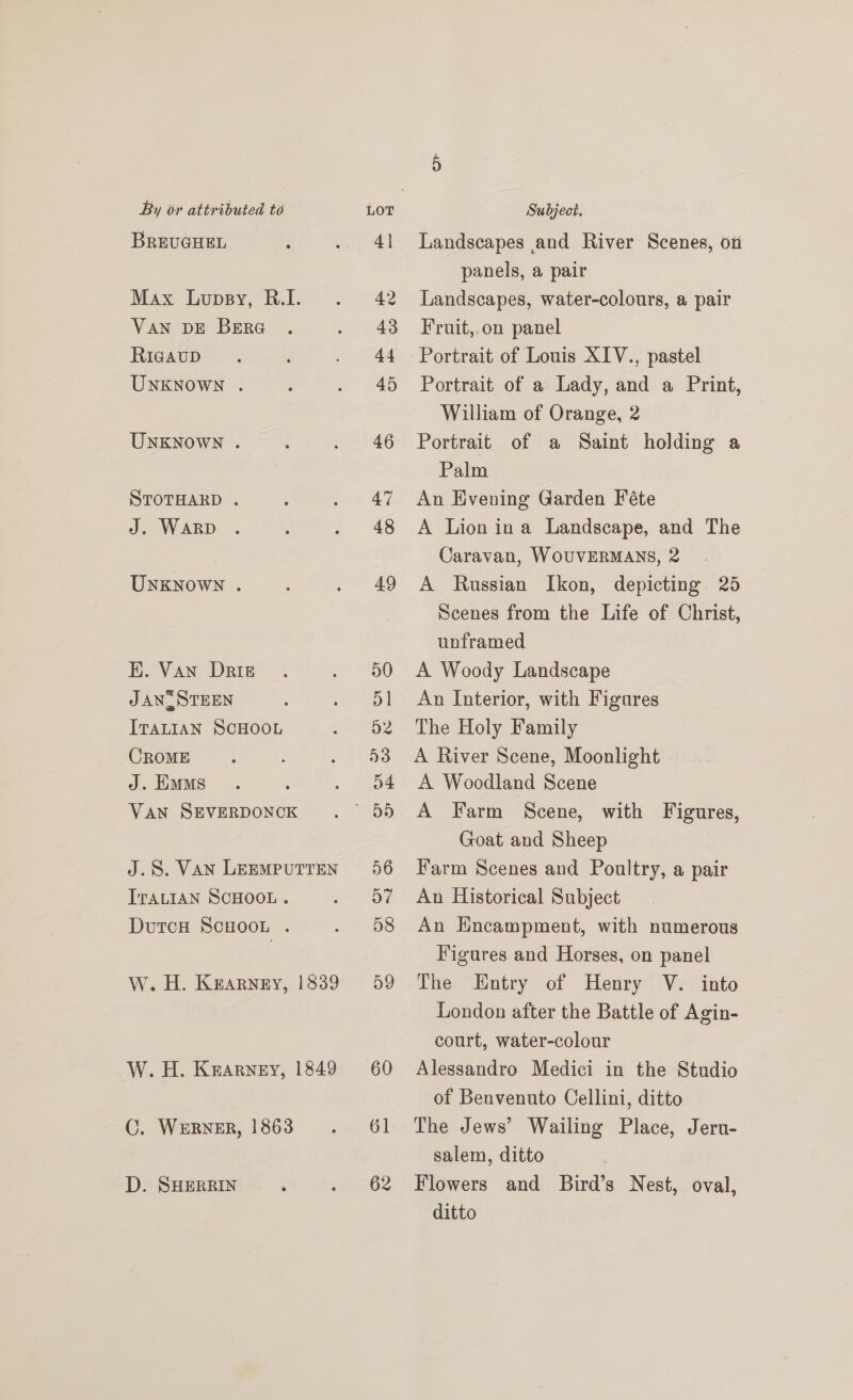 BREUGHEL Max Luppy, R.I. Van DE BrEra RigauD UNKNOWN . UNKNOWN . STOTHARD . J. WARD UNKNOWN . EK. Van Drie JAN. STEEN ITALIAN SCHOOL CROME J. Ems VAN SEVERDONCK J.8S. VAN LEEMPUTTEN ITALIAN SCHOOL . DutcH SCHOOL . W. H. Kearney, 1839 W.H. Kearney, 1849 C. WERNER, 1863 D. SHERRIN 61 62 Landscapes and River Scenes, ot panels, a pair Landscapes, water-colours, a pair Fruit,.on panel Portrait of Louis XIV., pastel Portrait of a Lady, and a Print, William of Orange, 2 Portrait of a Saint holding a Palm An Evening Garden Féte A Lion ina Landscape, and The Caravan, WOUVERMANS, 2 A Russian Ikon, depicting 25 Scenes from the Life of Christ, unframed A Woody Landscape An Interior, with Figures The Holy Family A River Scene, Moonlight A Woodland Scene A Farm Scene, with Figures, Goat and Sheep Farm Scenes and Poultry, a pair An Historical Subject An Hncampment, with numerous Figures and Horses, on panel London after the Battle of Agin- court, water-colour Alessandro Medici in the Studio of Benvenuto Cellini, ditto The Jews’ Wailing Place, Jeru- salem, ditto Flowers and Bird’s Nest, oval, ditto