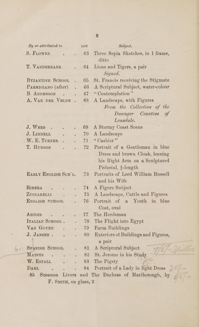 S. FLowEer T. VANDERBANK BYZANTINE SCHOOL PARMIGIANO (after) B. ANDERSON J. WEBB J. LINNELL W. E. Turner T. Hupson ZUCCARELLI ENGLISH SCHOOL ARTOIS : IraLIAN SCHOOL . Van GOYEN J. JANSEN . SPANIsH SCHOOL Marsys W. Estau DAHL 63 64 65 66 67 69 70 re 72 73 74 75 76 17 78 79 80 81 82 83 84 Three Sepia Sketches, in 1 frame, ditto Lions and Tigers, a pair Signed. St. Francis receiving the Stigmate A Scriptural Subject, water-colour “ Contemplation ” A Landscape, with Figures — From the Collection of the Dowager Countess of Lonsdale. A Stormy Coast Scene A Landscape “ Cashier ” Portrait of a Gentleman in blue Dress and brown Cloak, leaning his Right Arm on a Sculptured Pedestal, ?-length Portraits of Lord William Russell and his Wife A Figure Subject A Landscape, Cattle and Figures Portrait of a Youth in blue Coat, oval The Herdsman The Flight into Egypt Farm Buildings . ; Exteriors of ee and Figures, a pair A Scriptural eciiean St. Jerome in his > The Pigsty ;