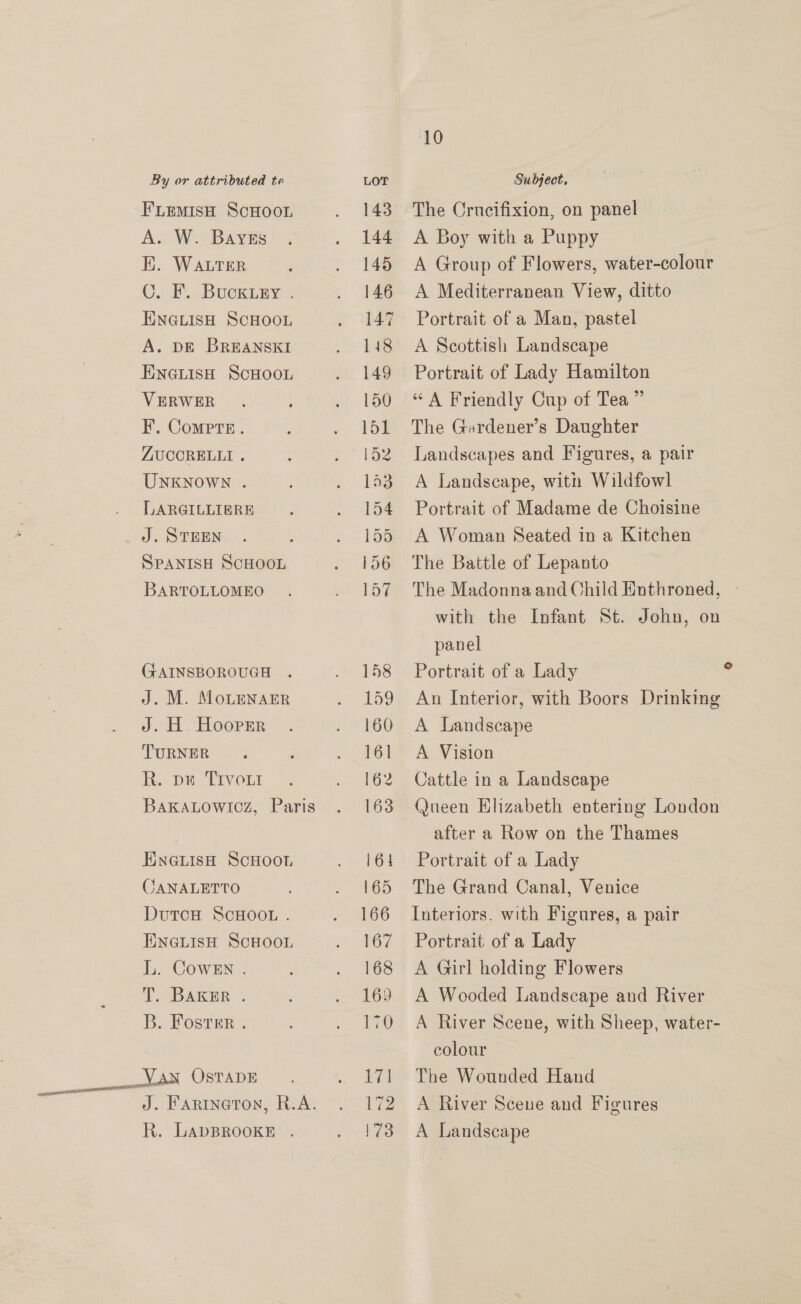 10 By or attributed te LOT Subject, FLemisH ScHoon . 143 The Crucifixion, on panel AS Wears . 144 A Boy with a Puppy Hi. WALTER . 145 A Group of Flowers, water-colour CO. F. Buckuey . . 146 A Mediterranean View, ditto ENGLISH SCHOOL . 147 Portrait of a Man, pastel A. DE BREANSKI . 148 A Scottish Landscape ENGLIsH ScHOOL . 149 Portrait of Lady Hamilton VERWER . . 150 “A Friendly Cup of Tea” KF. Compre. . 151 The Gerdener’s Daughter ZUCCRELLI . . 152 Landscapes and Figures, a pair UNKNOWN . . 153 A Landscape, with Wildfowl LARGILLIERE . . 154 Portrait of Madame de Choisine od. STREM | , . 155 A Woman Seated in a Kitchen SPANISH SCHOOL . 156 The Battle of Lepanto BARTOLLOMEO . 157 The Madonnaand Child Hnthroned, | with the Infant St. John, on panel GAINSBOROUGH . . 158 Portrait of a Lady i J. M. MoLENAER . 159 An Interior, with Boors Drinking J. H. Hooper . . 160 A Landscape TURNER. . 161 A Vision PP Liven =. . 162 Cattle in a Landscape BaKaLowicz, Paris . 163 Queen Elizabeth entering London after a Row on the Thames ENGLISH SCHOOL . 164 Portrait of a Lady CANALETTO . 165 The Grand Canal, Venice DutcH ScHooL . . 166 Interiors. with Figures, a pair EneLisH ScHoon . 167 Portrait of a Lady L. Cowen . . 168 <A Girl holding Flowers T. BAKER . . 169 A Wooded Landscape and River B. Foster . ; . 170 A River Scene, with Sheep, water- colour . ae OstapE —. . 171 The Wounded Hand J. Farineron, R.A. . 172 A River Scene and Figures R. LADBROOKE . . 173 A Landscape
