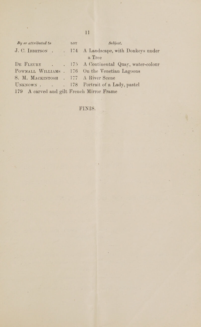1] By or attributed to LOT Subject. J.C. Ipperson . . 174 A Landscape, with Donkeys under | a Tree Dre FLEeury : . 175 A Continental Quay, water-colour PownaLL WititAmMs . 176 On the Venetian Lagoons S. M. Mackintosh . 177 A River Scene UNKNOWN . 178 Portrait of a Lady, pastel 179 A carved and a French Mirror Frame FINIS.