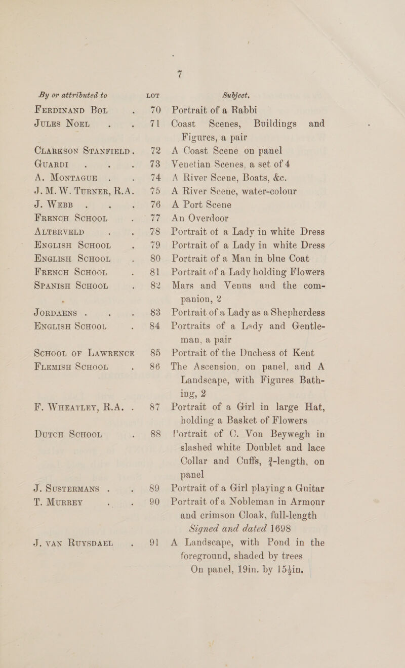 Frerpinanp Bou JULES NoEL CLARKSON STANFIELD. GUARDI A. MontTacuE J.M.W. Turner, R.A. J. WEBB FrencH ScHOOL ALTERVELD ENGLISH SCHOOL ENGLISH SCHOOL FrRencH ScHOoL SPANISH SCHOOL JORDAENS . ENGLISH SCHOOL ScHOOL oF LAWRENCE FLEMISH SCHOOL F. Wueattey, R.A. . DutcH ScHooL J. SUSTERMANS . T. MURREY J. VAN RUYSDAEL 87 88 89 90 91 Portrait of a Rabbi Coast Scenes, Buildings and Figures, a pair A Coast Scene on panel Venetian Scenes, a set of 4 A River Scene, Boats, &amp;ec. A River Scene, water-colour A Port Scene An Overdoor Portrait of a Lady in white Dress Portrait of a Lady in white Dress Portrait of a Man in blue Coat Portrait of a Lady holding Flowers Mars and Venus and the com- panion, 2 Portrait of a Lady as a Shepherdess Portraits of a Lady and Gentle- man, a pair Portrait of the Duchess of Kent The Ascension, on panel, and A Landscape, with Figures Bath- ing, 2 Portrait of a Girl in large Hat, holding a Basket of Flowers Portrait of C. Von Beywegh in slashed white Doublet and lace Collar and Cuffs, ?-length, on panel Portrait of a Girl playing a Guitar Portrait of a Nobleman in Armour and crimson Cloak, full-length Signed and dated 1698 A Landscape, with Pond in the foreground, shaded by trees On panel, 19in. by 153in.