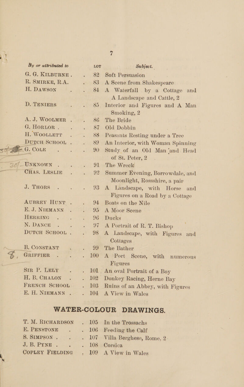  . By or attributed to G. G. KILBURNE. R. SMIRKE, R.A. H. DAWSON D. TENIERS A.J. WOOLMER . G. HORLOR . H. Woouuetrr DUTCH SCHOOL . CHAS. LESLIE J. THORS AUBREY HUNT K. J. NIEMANN N. DANCE DUTCH SCHOOL , GRIFFIER Sir P. LELY H. B. CHALON FRENCH SCHOOL K. H. NIEMANN 36 oF oe 100 102 103 104 Subject. Soft Persuasion A Scene from Shakespeare A Waterfall by a Cottage and A Landscape and Cattle, 2 Interior and Figures and A Man Smoking, 2 The Bride Old Dobbin Peasants Resting under a Tree An Interior, with Woman Spinning Study of an Old Man ‘and Head of St. Peter, 2 The Wreck Summer Evening, Borrowdale, and Moonlight, Rossshire, a pair A Landscape, with Horse and Figures on a Road by a Cottage Boats on the Nile A Moor Scene Ducks A Portrait of R. T. Bishop A Landscape, with Figures and Cottages The Bather A Port Scene, With numerous Figures An oval Portrait of a Boy Donkey Racing, Herne Bay Ruins of an Abbey, with Figures A View in Wales T. M. RICHARDSON EK. PENSTONE S. SIMPSON . J. B. PYNE COPLEY FIELDING 105 106 107 108 109 In the Trossachs Feeding the Calf Villa Berghese, Rome, 2 Corsica A View in Wales