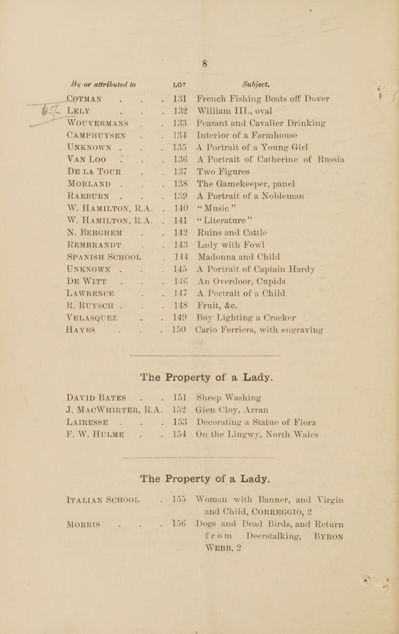 COTMAN LELY CAMPHUYSEN UNKNOWN VAN Loo DE LA TOUR MORLAND RAEBURN N. BERGHEM REMBRANDT SPANISH SCHOOL UNKNOWN DE WITT LAWRENCE R-RUYSCH -. VELASQUEZ HAYKS 131 Lge 133 134 io 136 137 138 139 140 11 142 143 144 145 146 147 148 149 150 French Fishing Boats off Dover : William ITT., oval Peasant and Cavalier Drinking Interior of a Farmhouse A Portrait of a Young Girl A Portrait of Catherine of Russia Two Figures The Gamekeeper, panel A Portrait of a Nobleman “ Music” ‘* Literature ”’ Ruins and Cattle Lady with Fowl Madonna and Child A Portrait of Captain Hardy An Overdoor, Cupids A Portrait of a Child Fruit, &amp;c. Boy Lighting a Cracker Carlo Ferriers, with engraving  DAVID BATES LAIRESSE EF. W. HULME Lod le 15 1 3 od Sheep Washing Glen Cloy, Arran Decorating a Statue of Flora On the Llugwy, North Wales  ITALIAN SCHOOL MORRIS 156 and Child, CORREGGIO, 2 Dogs and Dead Birds, and Return from BYRON Deerstalking,