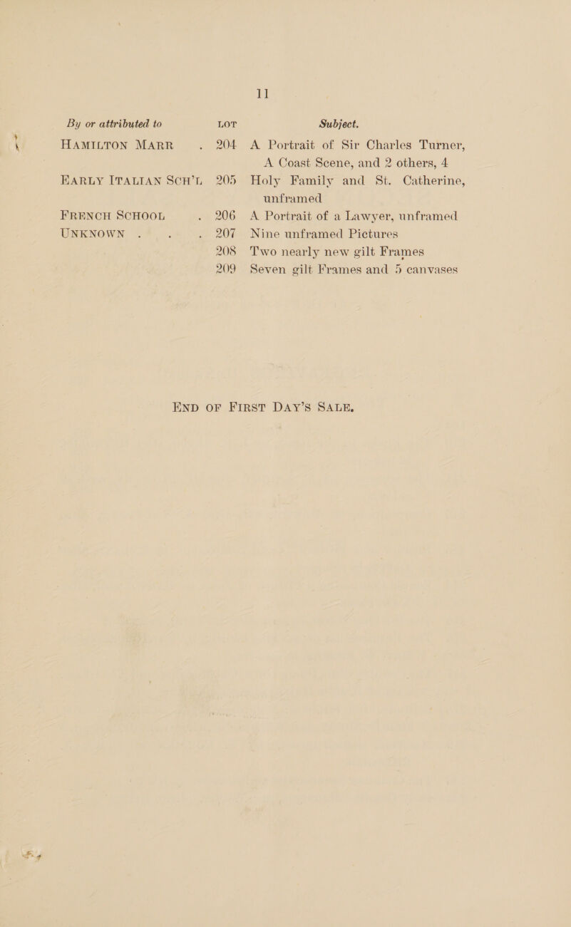 HAMILTON MARR EHARLY ITALIAN SCH’L FRENCH SCHOOL UNKNOWN TT A Portrait of Sir Charles Turner, A Coast Scene, and 2 others, 4 Holy Family and St. Catherine, unframed A Portrait of a Lawyer, unframed Nine unframed Pictures Two nearly new gilt Frames