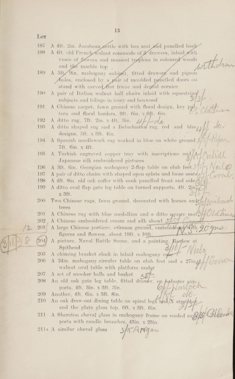     Lot t67- A 4fi. Qin. Jacobean a6%le with box seat atid panelled back 188 A 4ft. old FrenchWalnut commode yo a ‘drawers, inlaid ath 2 vases of fdwers and musical trophies in coloured’ woods 4h / and thé marble top Pas fo AS ALO ss 189 A 3it9in. mahogany cabiptt, fitted drawers’ and pigeon fioles, enclosed by a jair of moulded pafelled doors on stand with carved, Atet frieze and dental cornice : 190 A pair of Itahan walnut hall chairs inlaid with equestriary j subjects and foliage in ivory and boxwood Fi 5 3 191 A Chinese carpet, fawn ground with floral design, key pat; °~ pj4f: tern and floral borders, 9ft. 6in. x ft. 6in. mths ioe A dicto rue, Tit. Jin. x 4f{t,23m. Lf /- /-olp a 193 A ditto shaped rug and a BeluchistéiY rug, red and blugy Li} i designs, 5ft. x 8ft. 4in. Y 194 A Spanish needlework rug worked in blue on white ground fie. Gm. 3406. | 195 A Turkish engraved copper tray with inscriptions and / 4.) aoe val f Japanese silk embroidered pictures 2/ / } we 196 A 38ft. 6in. Georgian mahogany 2-flap table on club feat,’ (VG Ce 197 A pair of ditto chairs with shaped open splats and loose seatsa! yy 198 A 4ft. 9in. old oak coffer with sunk panelled front and sides%| | y} 199 A ditto oval flap gate leg table on turned supports, 4ft. Zing . nl  Ot. 200 Two Chinese rugs, fawn ground, decorated with horses anil 5, y trees f ee 201 A Chinese rug with blue medallion and a ais FT: matQOp PUL 202 , A Chinese embroidered cream and silk shawl . 2. pe os — | ee 203; A large Chinese portiere, crimson eround, smithiae ME 2 — — figures and flowers, about 19ft. x LOL nen ne ae ee £04) A picture, Naval Battle Scene, and a painting, teview e =“ Spithead 3 of/0 y ha 205 A chiming bracket clock in inlaid mahogany ec gixhls ae 206 A 24in. mahogany circular table on club feet ae a Q7ingg Lf walnut oval table with platform under fii 207 <A set of snooker balls and basket 237 208 An old oak gate leg table, fitted drawer, [Nase pup-p ports, 4ft. 3in. x 3ft. 3in. b 209 Anovhéer, 4{t. 6in. x 3ft. Sin. yi, j “if /. ol) - 210 An oak draw-out dining table on spiral legs and/X styptp Wei and the plate glass ap Of. x Bit: Gir. y 7 al a ff @ Bick ith rae ath si. x 23in. 211a A similar cheval glass % rag Al Gi i 