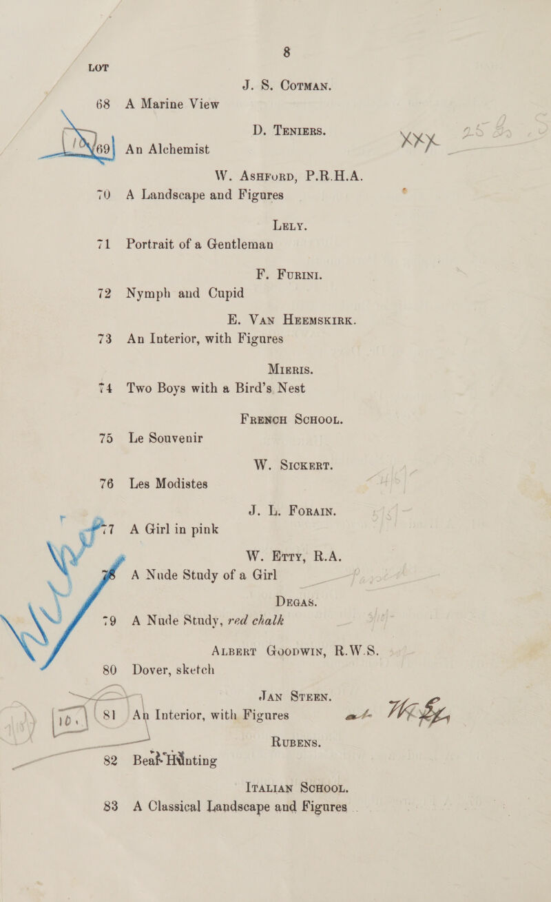 J. S. Cotman. 68 A Marine View D. TENIERS.  An Alchemist XK W. Asa¥ForD, P.R.H.A. 70 A Landscape and Figures . LELY. 71 Portrait of a Gentleman F. FourIni. 72 Nymph and Cupid EK. Van H&amp;eEmMSKIRE. 73 An Interior, with Figures MrERIS. 74 Two Boys with a Bird’s Nest FRENCH SCHOOL. 75 Le Souvenir W. SICKERT. 76 Les Modistes J. L. Fora. A Girl in pink W. Evry, R.A. A Nude Study of a Girl Draas. A Nude Study, red chalk ALBERT Goopwin, R.W.S. Dover, sketch  Le >) Jan STEEN. sp | Interior, with Figures at ekg, Peet is ae RuBeEns. ‘a 82 Beat HNinting ITALIAN SCHOOL. 83 A Classical Landscape and Figures.