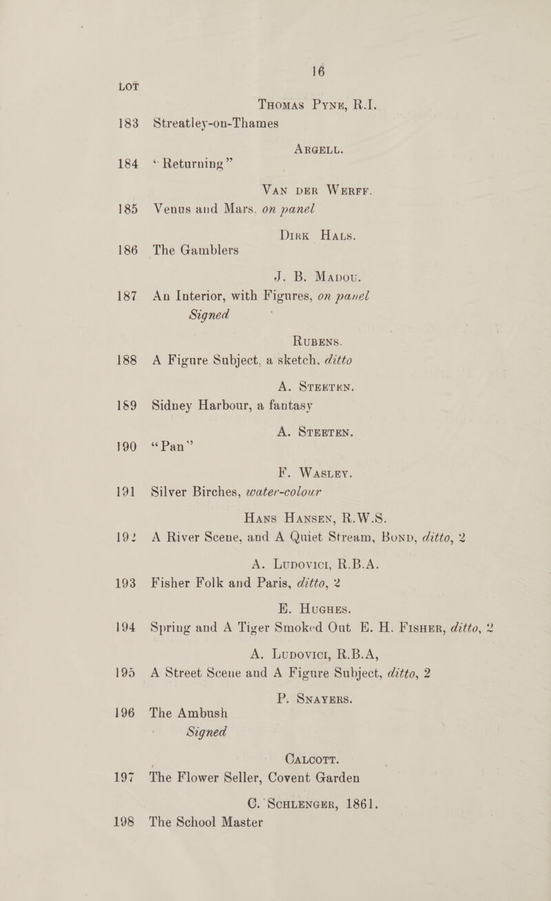 LOT | THomas Pynz, R.I.. 183 Streatley-on-Thames ARGELL. 184 * Returning” 3 VAN DER WERFF. 185 Venus and Mars, on panel Dirk HaAtss. 186 The Gamblers J. B. Mapouw. 187 An Interior, with Figures, on panel Signed RUBENS. 188 A Figure Subject, a sketch, ditto A. STEETEN. 189 Sidney Harbour, a fantasy A. STEETEN. £90 * Pan” F. WaASs.Ley. 191 Silver Birches, ewater-colour Hans Hansen, R.W.S. 192 A River Scene, and A Quiet Stream, Bonn, ditto, 2 A. Lupovicr, R.B.A. 193 Fisher Folk and Paris, ditto, 2 K. Huaeues. 194 Spring and A Tiger Smoked Out E. H. Fisuer, ditto, 2 A. Lupovicr, R.B.A, 195 A Street Scene and A Figure Subject, ditto, 2 P. SNAYERS. 196 The Ambush Signed ; CALCOTT. 197 The Flower Seller, Covent Garden C. ScHitencerR, 1861. 198 The School Master