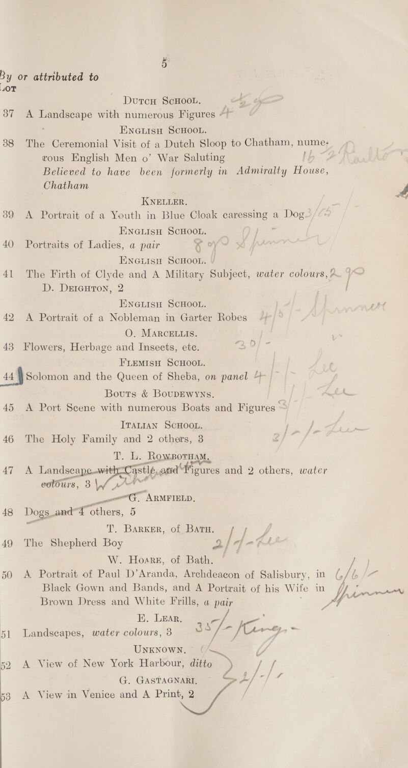 4OT DutcH ScHOOL. 387 A Landscape with numerous Figures oy ENGLISH SCHOOL. 88 The Ceremonial Visit of a Dutch Sloop to Chatham, nume:- rous English Men o’ War Saluting LE Chatham KNELLER. 389 <A Portrait of a Youth in Blue Cloak caressing a Dog ENGLISH SCHOOL. 7 40 Portraits of Ladies, a pair 6% ENGLISH SCHOOL. D. Dricuton, 2 ENGLISH SCHOOL. 42 <A Portrait of a Nobleman in Garter Robes O. MARCELLIS. 43 Flowers, Herbage and Insects, ete. FLEMISH SCHOOL. 44 Solomon and the Queen of Sheba, on panel &amp; Bouts &amp; BoupEwyys. 45 A Port Scene with numerous Boats and Figures ~ ITALIAN SCHOOL. 46 The Holy Family and 2 others, 3 T. L. Rowporuam, ey Landscape.-wit: eolOurs, 5 WW pA (ARMFIELD, per ge 48 Dogs, anda ‘others, 5 ee  T.. BARKER, ob Daim, 7 y 49 The Shepherd Boy aliq- (oe W. Hoare, of Bath. 7 50 A Portrait of Paul D’Aranda, Archdeacon of Salisbury, in Black Gown and Bands, and A Portrait of his Wife in Brown Dress and White Frills, a Darr EK. Lear, a 51 Landscapes, water colours, 3 Me oA a > * UNKNOWN, (/—s i 52 A View of New York Harbour, ditto ) Bik G. GASTAGNARI, S 4/ Siok a /