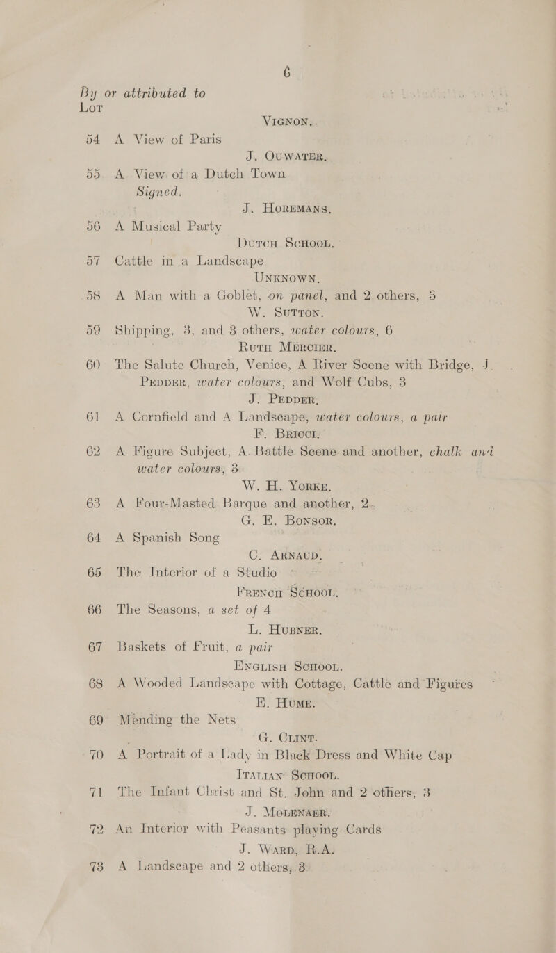 6] 62 63 VIGNON.. J. OUWATER. A.. View: of a Dutch Town Signed. : J. HoREMANS, A Musical Party DutrcH SCHOOL, ° Cattle in a Landscape UNKNOWN, A Man with a Goblet, on panel, and 2.others, 3 W. SUTTON. Shipping, 8, and 8 others, water colours, 6 ; Ruta MERCIER. The Salute Church, Venice, A River Scene with Bridge, J. PEDpDER, water colours, and Wolf Cubs, 3 J. PEDDER, A Cornfield and A Landscape, water colours, a pair F. Brioct. A Figure Subject, A. Battle Scene and another, chalk ani water colours, 8 W. H. YorkxKE, A Four-Masted Barque and another, 2.. G. EK. Bonsor. A Spanish Song C. ARNAUD. The Interior of a Studio FreNcH SéHoor. The Seasons, a set of 4 L. Hupner. Baskets of Fruit, a pair ENGLISH SCHOOL. A Wooded Landscape with Cottage, Cattle and Figures EK. Humes. Mending the Nets G. CLINT. A Portrait of a Lady in Black Dress and White Cap ITALIAN’ SCHOOL. The Infant Christ and St. John and 2 others, 3 J. MonbENAER. An Interior with Peasants playing Cards J. Warp, R.A. A Landscape and 2 others, 3: