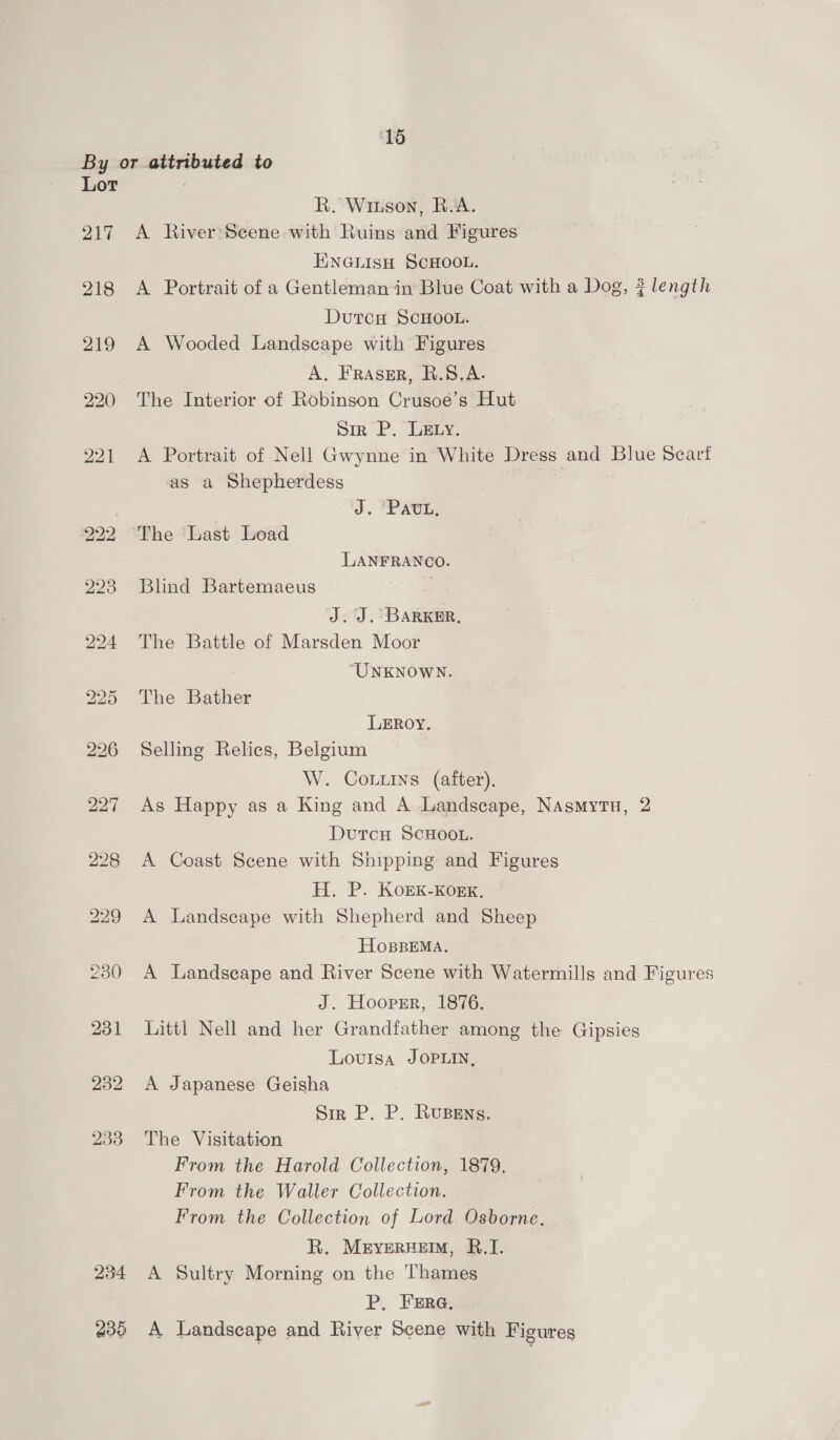 ‘15 By or attributed to Lot . R. Winson, R.A. 217 A River:Seene with Ruins and Figures ENGLISH SCHOOL. 218 <A Portrait of a Gentleman in Blue Coat with a Dog, ¢ length DutcH ScHOOL. 219 A Wooded Landscape with Figures A. FRASER, R.S.A. 220 The Interior of Robinson Crusoe’s Hut Sir P. Lety. 221 A Portrait of Nell Gwynne in White Dress and Blue Scart as a Shepherdess J. PAvL, 222 The Last Load LANFRANCO. 223 Blind Bartemaeus as J. J. BARKER, 224 The Battle of Marsden Moor “UNKNOWN. 225 The Bather LERoy. 226 Selling Relics, Belgium W. Couns (alter). 227 As Happy as a King and A Landscape, Nasmytn, 2 DutcH SCHOOL. 228 A Coast Scene with Shipping and Figures H. P. KoEek-KogK. 229 A Landscape with Shepherd and Sheep HOBBEMA. 230 A Landscape and River Scene with Watermills and Figures J. Hooprr, 1876. 231 Littl Nell and her Grandfather among the Gipsies Louisa JOPLIN, 232 A Japanese Geisha Sir P. P. Rusens. 233 The Visitation From the Harold Collection, 1879. From the Waller Collection. From the Collection of Lord Osborne. R. MeyrerHem, B.I. 234 A Sultry Morning on the Thames P, Ferre, 235 A Landscape and River Scene with Figures