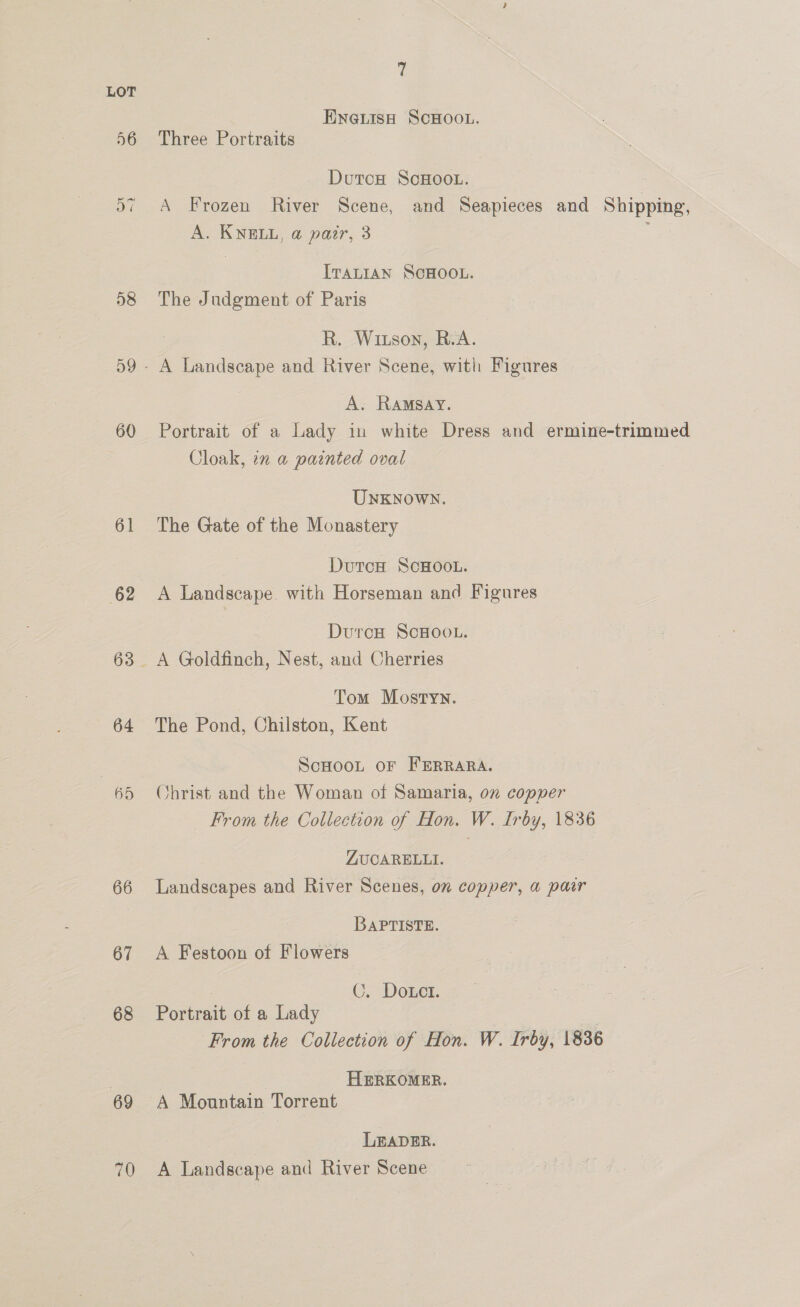 60 61 62 64 66 67 68 69 70 7 Ein@uisH ScHOOL. Three Portraits Dutcx ScHoo.. A Frozen River Scene, and Seapieces and Shipping, A. KNELL, a pair, 3 ITALIAN SCHOOL. The Judgment of Paris R. Witson, R.A. A. Ramsay. Portrait of a Lady in white Dress and ermine-trimmed Cloak, in a painted oval Unknown. The Gate of the Monastery DutoH SCHOOL. A Landscape. with Horseman and Figures DurcH ScHOOL. A Goldfinch, Nest, and Cherries Tom Mostyn. The Pond, Chilston, Kent ScHooL oF FERRARA. Christ and the Woman of Samaria, on copper From the Collection of Hon. W. Irby, 1836 ZUCARELLI. Landscapes and River Scenes, on copper, a pair BAPTISTE. A Festoon of Flowers : CO. Dotct. Portrait of a Lady From the Collection of Hon. W. Irby, 1836 HERKOMER. A Mountain Torrent LEADER. A Landscape and River Scene