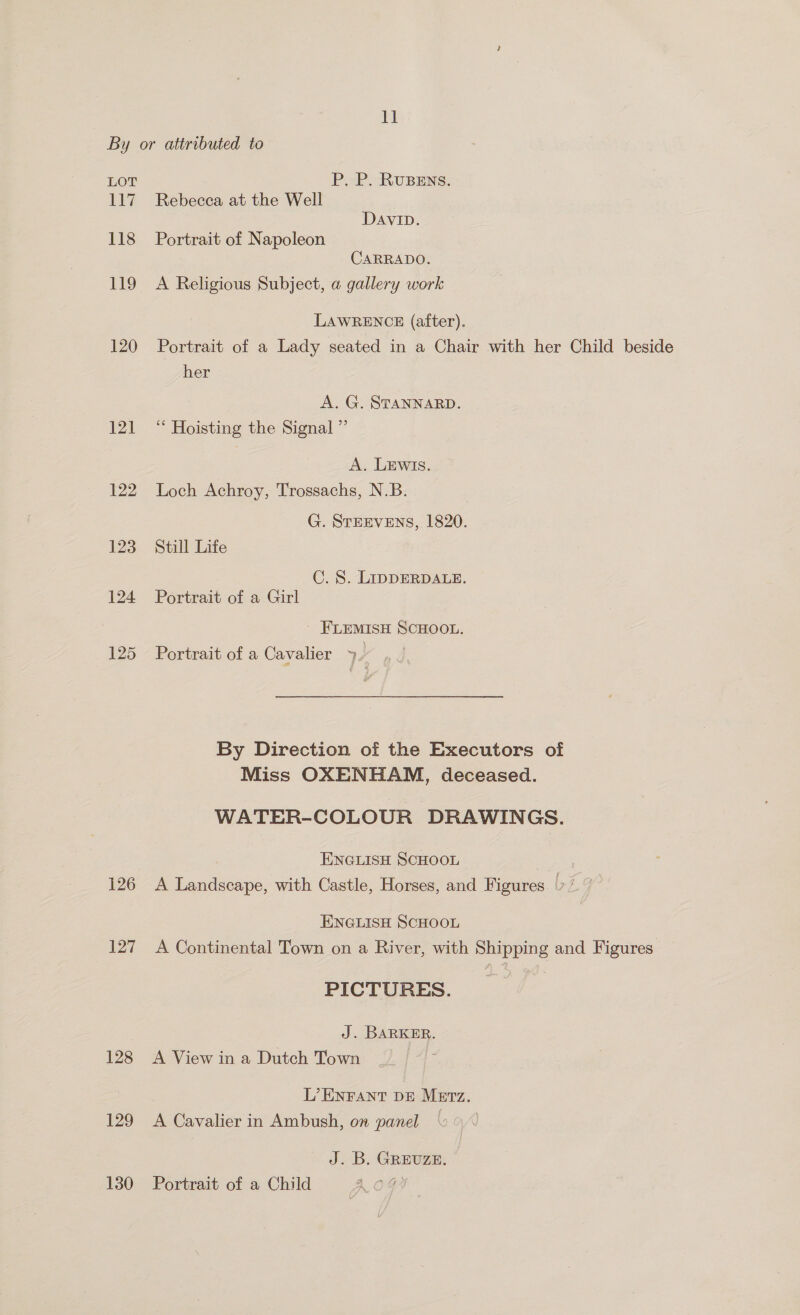 By or attributed to LOT P. P. RUBENS. 117. Rebecca at the Well DAVID. 118 Portrait of Napoleon CARRADO. 119 A Religious Subject, a gallery work LAWRENCE (after). 120 Portrait of a Lady seated in a Chair with her Child beside her A. G. STANNARD. 121 “ Hoisting the Signal ” A. Lewis. 122 Loch Achroy, Trossachs, N.B. G. STEEVENS, 1820. 123 Still Life C. S. LIDDERDALE. 124 Portrait of a Girl ' FLEMISH SCHOOL. 125 Portrait of a Cavalier 4) By Direction of the Executors of Miss OXENHAM, deceased. WATER-COLOUR DRAWINGS. ENGLISH SCHOOL : 126 A Landscape, with Castle, Horses, and Figures Ly} ENGLISH SCHOOL 127 A Continental Town on a River, with Shipping and Figures PICTURES. J. BARKER. 128 A View in a Dutch Town L’ ENFANT DE METz. 129 <A Cavalier in Ambush, on panel © > ° J. B. GREUZE. 130 Portrait of a Child Ao4g