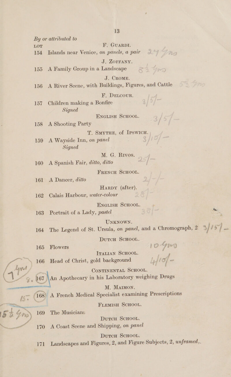 By or attributed to LOT F. GuaRDI. 154 Islands near Venice, on panels, a par J. ZOFFANY. 155 A Family Group in a Landscape J. CROME. 156 A River Scene, with Buildings, Figures, and Cattle F, DEtcour. 157 Children making a Bonfire Sagned ENGLISH SCHOOL. 158 &lt;A Shooting Party T. Smytue, of Ipswicu. ; 159 A Wayside Inn, on panel 5 / Signed M. G. Rivos. | 160 &lt;A Spanish Fair, ditto, ditto “ FRENCH SCHOOL. 161 &lt;A Dancer, ditto Harpy (after). 162 Calais Harbour, water-colour ENGLISH SCHOOL. 163 Portrait of a Lady, pastel UNKNOWN. DutcH SCHOOL. 165 Flowers 10-Grg TTALIAN SCHOOL. ee 166 Head of Christ, gold background tie J eed Pilon FE f CONTINENTAL SCHOOL. ap NZ. 167 j\An Apothecary in his Laboratory weighing Drugs . ene eel cache M. Marton. pe 168) A French Medical Specialist examining Prescriptions Pi . Neo FLEMiIsH SCHOOL. ; 5 4 &amp; Aa 169 The Musicians ee Durcen ScHooL. 170 A Coast Scene and Shipping, on panel DutcH SCHOOL. 171 Landscapes and Figures, 2, and Figure Subjects, 2, unframed...