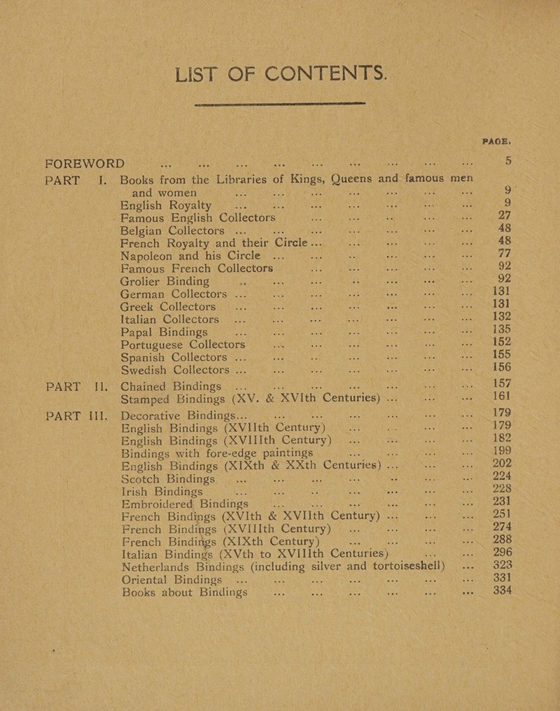 “LIST OF CONTENTS.  | | PAGE. FOREWORD pers e Ses ee 5 PART I. Books from the Libraries of Kings, Queens one famous men and women — be Aa : me ie ier 9° English Royalty tah : oe A ve =e ‘tt 9 _ Famous English Collectors. et a oe ae ot 27 Belgian Collectors ... the a Oe Se in 48 French Royalty and their Circle .. oe RUNS oa tae ses AS Napoleon and his Circle ... Say ie sh Ne aC 77 Famous French Collectors tie tess Se ot Gg etl OZ Grolier Binding ai i sie ue ne us 92 German Collectors... ... a, ue ve eae tee ES] . Greek Collectors... ae ae Bo ne eer sD | Italian Collectors... tas ba Pa) ae es BS Seen) 5 74 Papal Bindings Nagel e aes me es ES eee Reto Portuguese Collectors ou Se eo kaa nie On ae tN ed Spanish Collectors ... ies i es ae Pe Pee LOO - Swedish Collectors ... eS is oF ie Ne oe wh OG PART II. Chained Bindings .. : We eae sy! Stamped Bindings (XV. &amp; XVith ‘Coline i Broeiareg do | PART III. Decorative Bindings... Ne ce ae Srraete b°; English Bindings (XVIth Century) = ve eto AG English Bindings (XVIIIth Century) ... = be Pry aps 2P4 Bindings with fore- edge paintings | ey PAA: st, English Bindings (XIXth &amp; XXth » Centuries) . i Bee 7’ | Scotch Bindings — ... es ; ae 224 “Irish Bindings Hee as . 8 re WN ea ps A Embroidered Bindings : | Re: PA French Bindings (XVIth &amp; XVIIth Century) « “A siesta d French Bindings (XVIIIth Century) | ie eye tes 7 French Bindings (XIXth Century) : vi OS Italian Bindings (XVth to XVIIIth Centuries) WwieteoO Netherlands Bindings daudins silver and tortoiseshell) Are Mb an Oriental Bindings... na ei se a. ea see Pao | Books about Bindings = Bey San a st pak a Oe