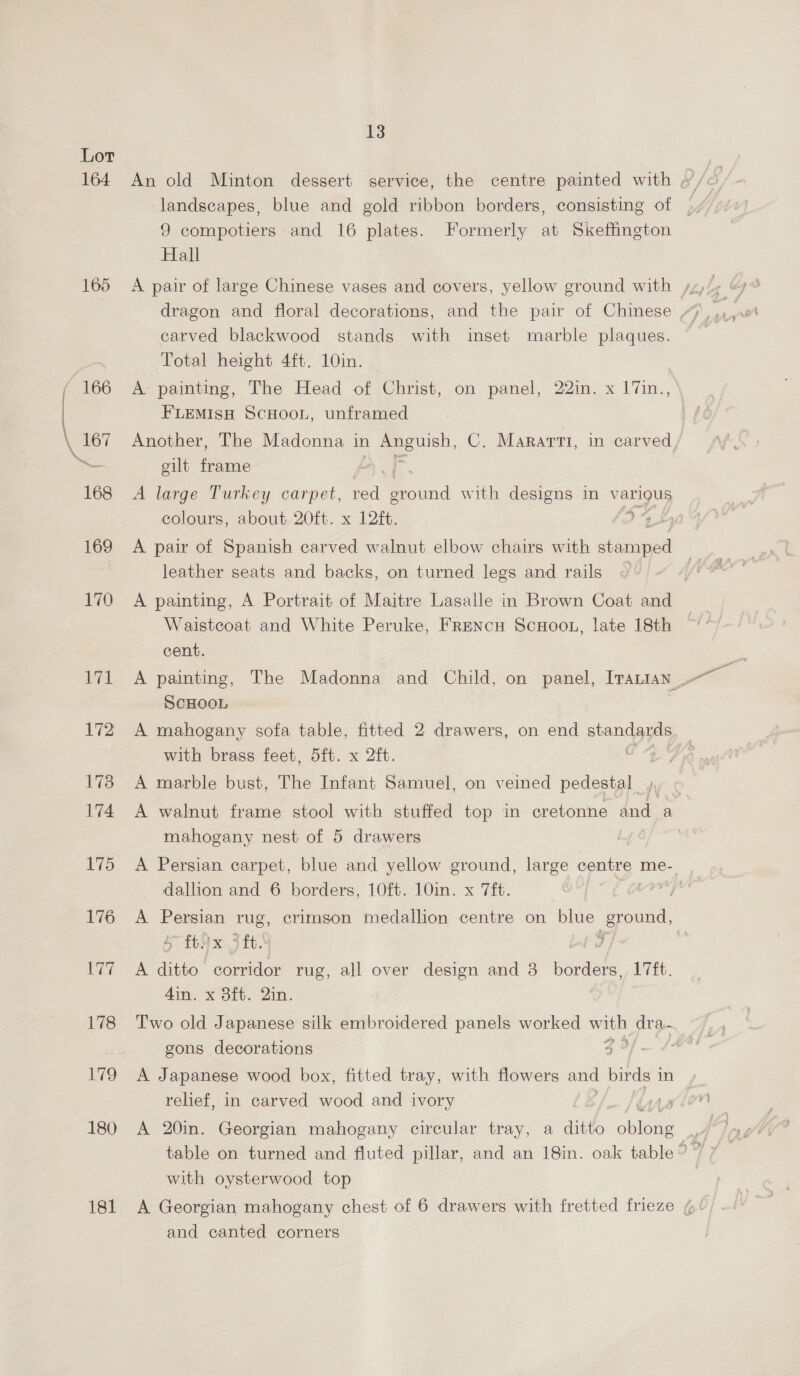 7 fE Lot 164 165 166 168 169 170 Vil 172 178 174 175 176 aya 178 79 180 181 13 landscapes, blue and gold ribbon borders, consisting of | 9 compotiers and 16 plates. Formerly at Skeffington Hall carved blackwood stands with inset marble plaques. Total height 4ft. 10in. A painting, The Head of Christ, on panel, 22in. x 17in., FLEMISH ScHOOL, unframed Another, The Madonna in bees, C. Mararti, in carved gilt frame . A large Turkey carpet, red Be onnd with designs in various colours, about 20ft. x 12ft. 124 A pair of Spanish carved walnut elbow chairs with stamped leather seats and backs, on turned legs and rails ~ | A painting, A Portrait of Maitre Lasalle in Brown Coat and Waistcoat and White Peruke, FRENcH ScHoo., late 18th cent. A painting, The Madonna and Child, on panel, Iranian _ ScHOOL A mahogany sofa table, fitted 2 drawers, on end ena with brass feet, 5ft. x 2ft. ric A marble bust, The Infant Samuel, on veined pedestal hy A walnut frame stool with stuffed top im cretonne and a mahogany nest of 5 drawers _ . A Persian carpet, blue and yellow ground, large centre see dallion and 6 borders, 10ft. 10in. x 7ft. | A Persian rug, crimson medallion centre on blue Ras ~f69x 3 ft. A ‘eto corridor rug, all over design and 8 borders, 17ft. 4in. x 3ft. Qin. Two old Japanese silk embroidered panels worked with dra- gons decorations id, : A Japanese wood box, fitted tray, with flowers and birds i in relief, in carved wood and ivory AD A 20in. Georgian mahogany circular tray, a ditto ake with oysterwood top and canted corners