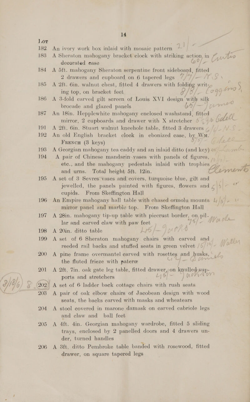 o/ , Jf 7 lor 182 183 184 185 186 187 igh 192, 198 194 195 196 206 14 An ivory work box inlaid with mosaic pattern A Sheraton mahogany bracket clock with striking action in } decorated ease O° / 7 A oh mahogany Sheraton serpentine front sideboard, fitted 2 drawers and cupboard on 6 tapered legs ¢ “ A 2th, 6in. walnut chest, fitted 4 drawers with w9/- writ; ing top, on bracket feet roo vey A 38-fold carved gilt screen of Louis XVI desis ‘with ail S brocade and glazed panels b4/— vr An 18in. Hepplewhite mahogany enclosed washstand, fitted A; mirror, 2 cupboards and drawer with X prey ae 6 UAL A 2ft. 6in. Stuart walnut kneehole table, fitted 8 drawers ~ An old English bracket clock in ebonized case, by. Wo. FreNncH (8 keys) A Georgian mahogany tea caddy and an inlaid ditto (and key) A pair of Chinese mandarin.vases with panels of figures, etc., and the mahogany pedestals inlaid with trophies Sif hn and urns. Total height 5ft. 12in. Cheri A set of 3 Sevres vases and covers, turquoise blue, gilt and jewelled, the panels painted with figures, flowers and ~ cupids. From Skeffington Hall An Empire mahogany hall table with chased ormolu mounts !; 4 mirror panel and marble top. From Skeffington Hall | A 28in. mahogany tip-up table with piecrust border, on yy lar and carved claw with paw | } she A 20in. ditto table i A set of 6 Sheraton mahogany chairs with carved and reeded rail backs and stuffed seats in green velvet A pine frame overmantel carved with Topeka and a the fluted frieze with paterce . A 2ft. Tin. oak gate leg table, fitted a on ape en ports and stretchers A pair of oak elbow chairs of Jacobean design with wood seats, the backs carved with masks and wheatears A stool covered in marone damask on carved cabriole legs and claw and ball feet A 4ft. 4in. Georgian mahogany wardrobe, fitted 5 sliding trays, enclosed by 2 panelled doors and 4 drawers un- der, turned handles A 8ft. ditto Pembroke table banded with rosewood, fitted _ drawer, on square tapered legs