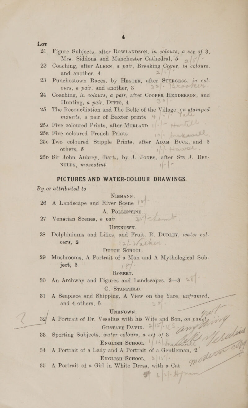 Lor 21 Figure Subjects, after RowLanpson, in colours, a set of 3, Mrs. Siddons and Manchester Cathedral, 5 4 /.~/ 22 Coaching, after ALKEN, a pair, prone Cover, in colours, and another, 4 2 23 Punchestown Races, by HzstsEr, after STURGESS, in col- ours, a pair, and another, 3 voy ee eli 24 Coaching, in colours, a pair, after COOPER HENDERSON, and Hunting, a pair, Dirro, 4 : 25 The Reconciliation and The Belle of the Village, on ee mounts, a pair of Baxter prints 25a Five coloured Prints, after MorLAND 25B Five coloured French Prints el. parse SA 25c Two coloured Stipple Prints, after Apam Buck, and 38 others, 5 re 25p Sir John Aubrey, Bart., by J. Jonus, after Sir J. Rey- NOLDS, mezzotint He | 7 PICTURES AND WATER-COLOUR DRAWINGS. By or attributed to NIEMANN. 26 A Landscape and River Scene /* — A. PoLLENTINE. | 27 Venetian Scenes, a pair UNKNOWN. 28 Delphiniums and Lilies, and ete R. Dupiey, water col- ours, 2 Pa Pe ee Dunn Oho: 29 Mushrooms, A Portrait of a — and A Mythological Sub- ject, 3 ee Roper’. 30 An Archway and Figures and Landscapes, 2—3 > ° C. STANFIELD. 31 <A Seapiece and Shipping, A View on the Yare, gigi and 4 others, 6 os ras —— UNKNOWN. GW fiom xf A Portrait of Dr. Vesalius with his Wife and Son, on pariel, ,7VY = ae. Gustave Davip. * *’ tev hn Fy! sie 83 Sporting Subjects, water colours, a set ote 3 , A OL f ip (iY Enouisa Scnoot, |) 2 ./, AME Ot 84 A Portrait of a Lady and A Portrait of a Gentleman, 2° a Se : op EnciisH ScHooL, ©» | ay OU ae 35 <A Portrait of a Girl in White Dress, with a Cat ie ale sey er e he