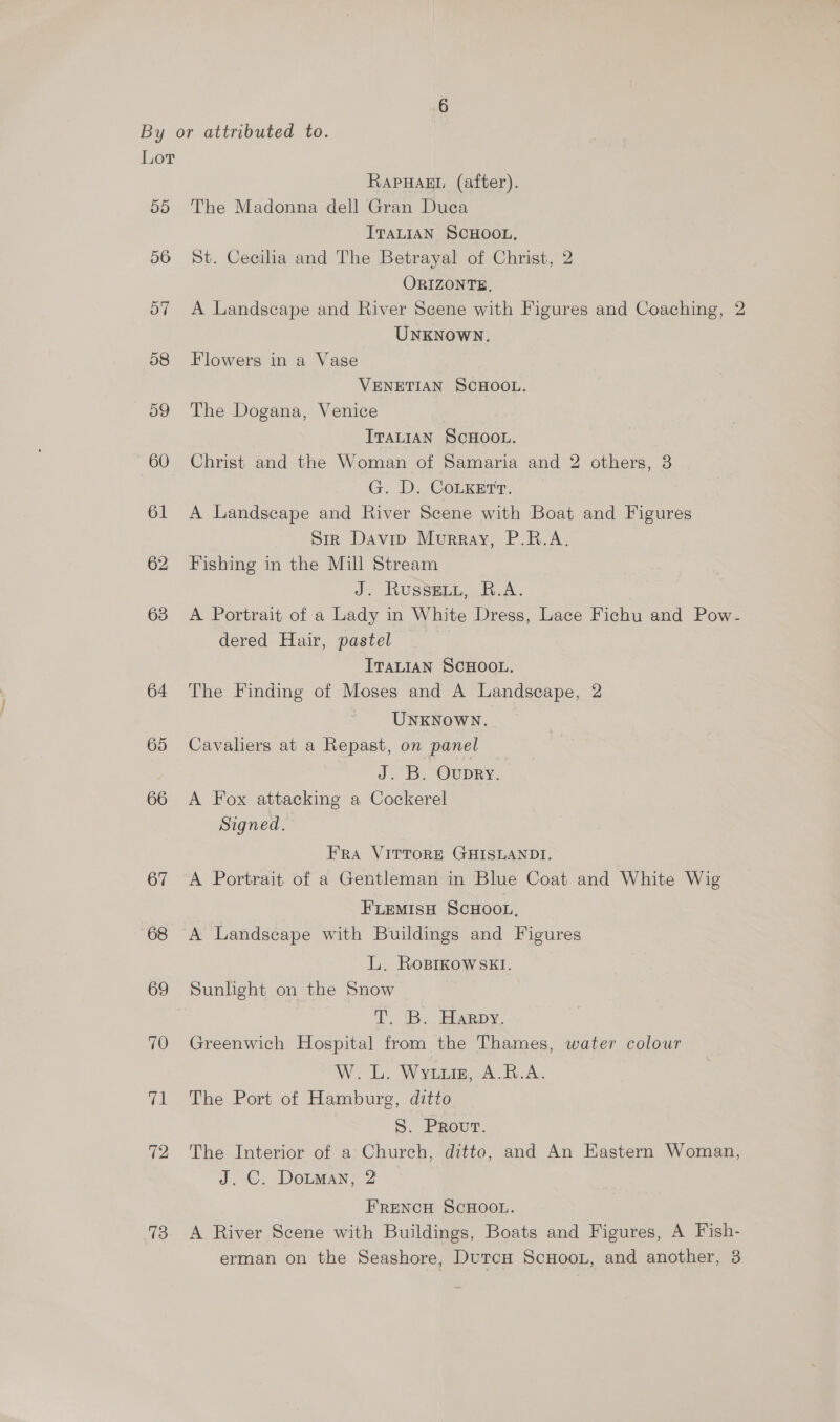 55 56 57 58 o9 60 61 62 63 64 65 66 67 68 69 70 rei 72 73 RAPHAEL (after). The Madonna dell Gran Duca ITaLiaAN SCHOOL. St. Cecilia and The Betrayal of Christ, 2 ORIZONTE, A Landscape and River Scene with Figures and Coaching, 2 UNKNowN. Flowers in a Vase VENETIAN SCHOOL. The Dogana, Venice ITALIAN SCHOOL. Christ and the Woman of Samaria and 2 others, 3 G. D. CoLKETT. A Landscape and River Scene with Boat and Figures Sir Davip Murray, P.R.A. Fishing in the Mill Stream J. Russeiy, R.A. A Portrait of a Lady in White Dress, Lace Fichu and Pow- dered Hair, pastel ITALIAN SCHOOL. The Finding of Moses and A Landscape, 2 UNKNOWN. Cavaliers at a Repast, on panel J. B. Oupry. A Fox attacking a Cockerel Signed. FRA VITTORE GHISLANDI. A Portrait. of a Gentleman in Blue Coat and White Wig FLEMISH SCHOOL, A Landscape with Buildings and Figures L, RoBrkowskI. Sunlight on the Snow Py 1B. seep, Greenwich Hospital from the Thames, water colour W. L. Wynn, A.R.A. The Port of Hamburg, ditto S. Prout. The Interior of a Church, ditto, and An Eastern Woman, J. C. Dotman, 2 FRENCH SCHOOL. A River Scene with Buildings, Boats and Figures, A Fish- erman on the Seashore, DutcH ScuooL, and another, 3