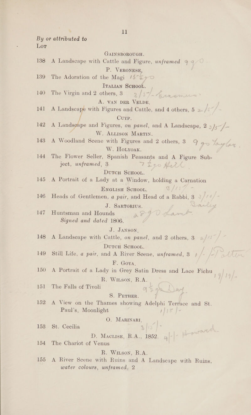By or attributed to Lor GAINSBOROUGH. 1388 A Landscape with Cattle and Figure, unframed P. VERONESE, 139 The Adoration of the Magi /5“a:4 ele ScHooL. 140 The Virgin and 2 others, | A. VAN DER VELDE, 141 A Landscape with Figures and Cattle, and 4 others, 5 Z CUYP. e and Figures, on panel, and A Landscape, 2. 3)s W. Auitison Martin. 143 A Woodland Scene with Figures and 2 others, 8 7 g W. Hotyoak. 3 144 The Flower Seller, Spanish eee and - Figure Sub- ject, unframed, 3 1 ese Landse DutcH ScHoo.. 145 A Portrait of a Lady at a Window, holding a Carnation : ENGLISH SCHOOL. | 146 Heads of Gentlemen, a pair, and Head of a Rabbi, 3 J. SARTORIUS. pote 147 Huntsman and Hounds Signed and dated 1806. J. JANSON, 148 A Landscape with Cattle, on panel, and 2 others, 3 } DutcH ScHooL. 149 Still Life, a pair, and A River Scene, unframed, 8 F. Goya. 150 A Portrait of a Lady in Grey Satin Dress and Lace Fichu  ~R. Wiuson, B.A. 151 The Falls of Tivoli S. Prrver. 152 A View on the Thames showing Adelphi Terrace and St. Paul’s, Moonlight j O. MARINARI. 158 St. Cecilia i. D. Macuisze,.R.A., 1852. 154 The Chariot of Venus R. Winson,-R:A. 155 A River Scene with Ruins and A Landscape with Ruins, water colours, unframed, 2