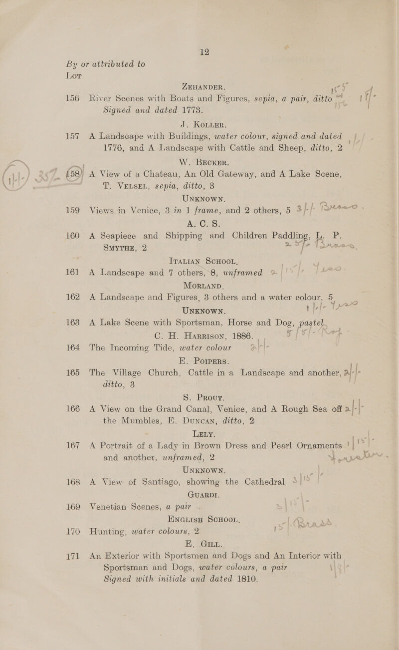 By or attributed to Lor : ZEHANDER. ‘ae I 156 River Scenes with Boats and Figures, sepia, a pair, ditto ot Signed and dated 17738. J. KoLusr. 157 A Landscape with Buildings, water colour, signed and dated | 1776, and A Landscape with Cattle and Sheep, ditto, 2 — | a W. BECKER. _ (58) A View of a Chateau, An Old Gateway, and A Lake Scene, — T. VELSEL, sepia, ditto, 3 UNKNOWN. oe 159 Views in Venice, 3 in 1 frame, and 2 others, 5 SP [: eee ACs. 160 A Seapiece and Shipping and Children ee Fos we SMYTHE, 2 ITALIAN SCHOOL, 161 A Landscape and 7 others, 8, unframed MoruanpD, 162 A Landscape and Figures, 3 others and a water colour, 5. UNKNOWN. Viet 163 A Lake Scene with Sportsman, Horse and Dog, pee C. H. Harrtson, 1886. J | 164 The Incoming Tide, water colour EK. Porpers. 165 The Village Church, Cattle in a Landscape and another, al} ditto, 8 S. Provt. 166 <A View on the Grand Canal, Venice, and A Rough Sea off >|-| the Mumbles, E. Duncan, ditto, 2 LELY. Ba 167 A Portrait of a Lady in Brown Dress and Pearl Ornaments ' 3 x and another, unframed, 2 Yh een UNKNOWN. | 168 <A View of Santiago, showing the Cathedral GUARDI. 169 Venetian Scenes, a pair ENGLISH SCHOOL. 170 Hunting, water colours, 2 BK. .GILu. 171 An Exterior with Sportsmen and Dogs and An Interior mab Sportsman and Dogs, water colours, a pair | Signed with initials and dated 1810.