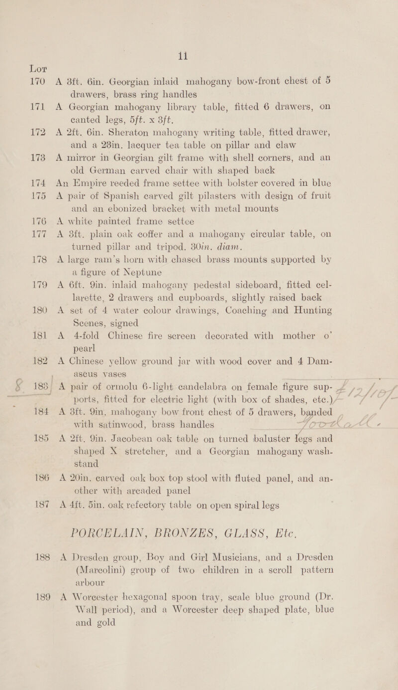 170 A 8ft. Gin. Georgian inlaid mahogany bow-front chest of 5 drawers, brass ring handles 171 A Georgian mahogany library table, fitted 6 drawers, on canted legs, 5ft. x 3ft. 172 A 2ft. 6in. Sheraton mahogany writing table, fitted drawer, and a 28in. lacquer tea table on pillar and claw 173 A mirror in Georgian gilt frame with shell corners, and an old German carved chair with shaped back 174 An Empire reeded frame settee with bolster covered in blue 175 A pair of Spanish carved gilt pilasters with design of fruit and an ebonized bracket with metal mounts 6 <A white painted frame settee ‘7 A &amp;8ft. plain oak coffer and a mahogany circular table, on turned pillar and tripod. 380i. diam. 178 A large ram’s horn with chased brass mounts supported by a figure of Neptune 179 A 6ft. 9in. inlaid mahogany pedestal sideboard, fitted cel- larette, 2 drawers and cupboards, slightly raised back 180 A set of 4 water colour drawings, Coaching and Hunting Scenes, signed 181 A 4-fold Chinese fire screen decorated with mother o’ pearl 182. A Chinese yellow ground jar with wood cover and 4 Dam- 7 ascus vases baa | 1838 A pair of ormolu 6-light candelabra on female figure sup- 2 | = ports, fitted for electric light (with box of shades, etc.)/— 184 A 3ft. 9m. mahogany bow front chest of 5 drawers, banded | with satinwood, brass handles ; LOCE# 185 A 2ft. Yin. Jacobean oak table on turned baluster legs and shaped X stretcher, and a Georgian mahogany wash- stand 186 A 20in. carved oak box top stool with fluted panel, and an- other with arcaded panel 187 A 4ft. 5in. oak refectory table on open spiral legs PORCELAIN, BRONZES, GLASS, Etc, 188 A Dresden group, Boy and Girl Musicians, and a Dresden (Marcolini) group of two children in a scroll pattern arbour 189 A Worcester hexagonal spoon tray, scale blue ground (Dr. Wall period), and a Worcester deep shaped plate, blue and gold