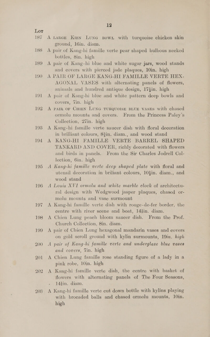 193 194 195 12 A LARGE Kien LUNG Bown with turquoise chicken skin ground, 16in. diam. A pair of Kang-hi famille verte pear shaped bulbous necked bottles, 8in. high A pair of Kang-hi blue and white sugar jars, wood stands and covers with pierced jade plaques, 10in. high A PAIR OF LARGE KANG-HI FAMILLE VERTE HEX. AGONAL VASES with alternating panels of flowers, animals and hundred antique design, 174in. high A pair of Kang-hi blue and white pattern deep bowls and covers, Vin. high A PAIR, OF CHIEN LUNG TURQUOISE BLUE VASES with chased ormolu mounts and covers. From the Princess Paley’s Collection, 27in. high A Kang-hi famille verte saucer dish with floral decoration in brilliant colours, 84in. diam., and wood stand A KANG-HI FAMILLE VERTE BARREL SHAPED TANKARD AND COVER, richly decorated with flowers and birds in panels. From the Sir Charles Jodrell Col- lection, 6in. high A Kang-hi famille verte deep shaped plate with floral and utensil decoration in briliant colours, 104in. diam., and wood stand A Louis XVI ormolu and white marble clock of architectu- ral design with Wedgwood jasper plaques, chased or- molu mounts and vase surmount | A Kang-hi famille verte dish with rouge-de-fer border, the centre with river scene and boat, 143in. diam. A Chien Lung peach bloom saucer dish. From the Prof. Church Collection, 8in. diam. A pair of Chien Lung hexagonal mandarin vases and covers on gold seroll ground with kylin surmounts, 19in. high A pair of Kang-hi famille verte and underglaze blue vases and covers, Tin. high A Chien Lung famille rose standing figure of a lady in a pink robe, 10in. high A Kang-hi famille verte dish, the centre with basket of flowers with alternating panels of The Four Seasons, 143in. diam. A Kang-hi famille verte cut down bottle with kylins playing with brocaded balls and chased ormolu mounts, 10in. high