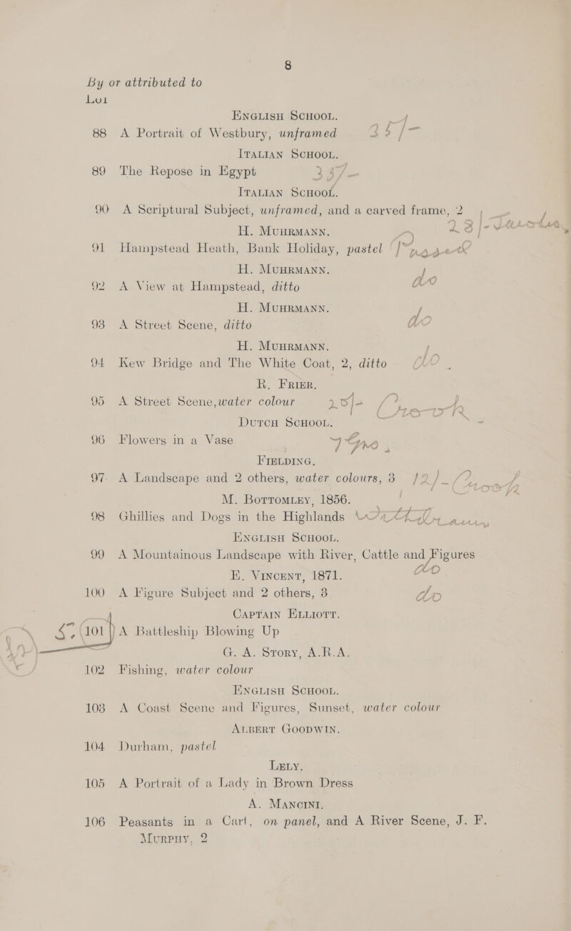 88 89 90 CO aC 96 97. 98  104 105 106 ENGLISH SCHOOL, oe A Portrait of Westbury, unframed hae he ITALIAN SCHOOL. The Repose in Egypt 347 ITALIAN SCHOOL. A Seriptural Subject, unframed, and a carved frame, 2; | y H. MunrRMANN. L123 J-~ LLASVAR Hampstead Heath, Bank Holiday, pastel | /* wee tk’ H. MuHRMANN. | A View at Hampstead, ditto a H. MUHRMANN. / A Street Scene, ditto We H. MuurMann. Kew Bridge and The White Coat, 2, ditto R. Frier. A Street Scene,water colour LB]- { a } } DurcH SCHOOL. Flowers in a Vase ~4 4. Fd 7 ha; \ FIELDING. A Landscape and 2 others, water colours, 3 /2/ . M. Botromiey, 1856. | Ghillies and Dogs in the Highlands “/“727lV, ,, ENGLISH SCHOOL. A Mountainous Landscape with River, Cattle and Figures , LO EE. Vincent, 1871. aitiy= A Figure Subject and 2 others, 3 Whe CAPTAIN ELLIOTT. Grae. jo TORY, ene ia: Fishing, water colour TINGLISH SCHOOL. A Coast Scene and Figures, Sunset, water colour ALBERT GOODWIN. Durham, pastel LEty, A Portrait of a Lady in Brown Dress A. Mancrnt., Peasants in a Cart, on panel, and A River Scene, J. F. Murpuy, 2