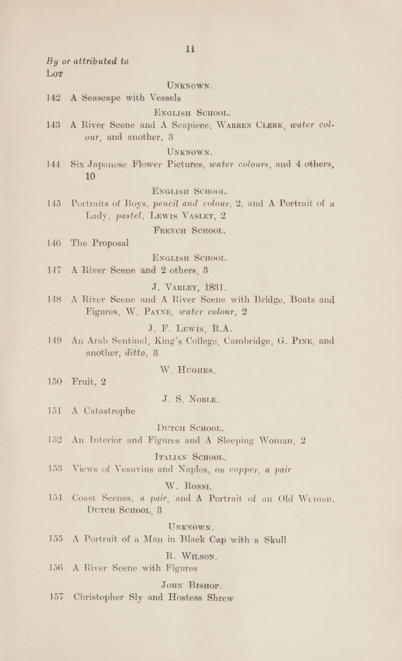 ll By or attributed to Lor UNKNOWN. 142 A Seascape with Vessels ENGLISH SCHOOL. 143 A River Scene and A Seapiece, WARREN CLERK, water col- our, and another, 8 UNKNOWN. 144 Six Japanese Flower Pictures, water colours, and 4 others, 10 ENGLISH SCHOOL. 145 Portraits of Boys, pencil and colour, 2, and A Portrait of a Lady, pastel, Lewis VAsLet, 2 FRENCH SCHOOL. 146 The Proposal ENGLISH SCHOOL. 147 A River Scene and 2 others, 3 ae VWARLEY, [63]. 148 A River Scene and A River Scene with Bridge, Boats and Figures, W. Paynn, water colour, 2 J. I. Lewis, R.A. 149 An Arab Sentinel, King’s College, Cambridge, G. Pine, and another, ditto, 3 W. HuGuHes. 150 Vruit, 2 J. S. Noss. 151 A Catastrophe Dutcu ScHooL. 152 An Interior and Figures and A Sleeping Woman, 2 ITaLntan ScHoou. 158 Views of Vesuvius and Naples, on copper, a pair W. Rosst. 154 Coast Scenes, a pair, and A Portrait of an Old Wemun, Dutcu ScHoon, 8 UNKNOWN. 155 A Portrait of a Man in Black Cap with a Skull R. Wizson. 156 A River Scene with Figures Joun BisHop. 157 Christopher Sly and Hostess Shrew
