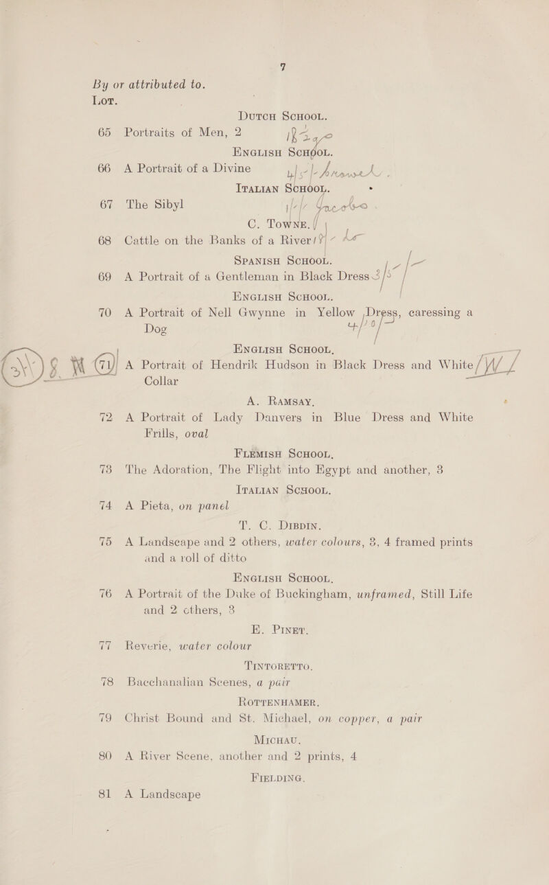 Lot. DutcH SCHOOL. 65 Portraits of Men, 2 Ra, = ENGLISH SCHOOL. 66 A Portrait of a Divine 1,| a my aA ITALIAN clei . 67 The Sibyl if Ie Une lax he C, Towne. in 68 Cattle on the Banks of a Rivers?) ~ “~< SPANISH SCHOOL. [- 69 <A Portrait of a Gentleman in Black Dress if / ENGLISH SCHOOL. | 70 A Portrait of Nell Gwynne in Yellow ,Dr P88, caressing a Dog 4/8 ENGLISH SCHOOL, i (7) A Portrait of Hendrik Hudson in Black Dress and ee (WY “ aigaeliel Collar  A. Ramsay, 72 <A Portrait of Lady Danvers in Blue Dress and White Frills, oval FLEMISH SCHOOL, 73 The Adoration, The Flight into Hgypt and another, 8 ITALIAN SCHOOL. 74 A Pieta, on panel ToC, Diswin, 75 A Landscape and 2 others, water colours, 8, 4 framed prints and a roll of ditto ENGLISH SCHOOL, 76 A Portrait of the Duke of Buckingham, unframed, Still Life and 2 cthers, 8 Ey Pings 77 Reverie, water colour TINTORETTO, 78 Bacchanalian Scenes, a pair ROTTENHAMER, 79 Christ Bound and St. Michael, on copper, a pair MicHAu., 80 A River Scene, another and 2 prints, 4 EYELDING. 81 <A Landscape