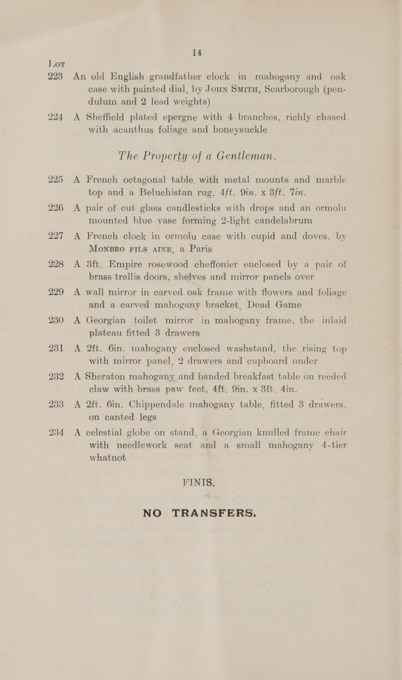 l.or 223 14 case with painted dial, by Joun Smiru, Scarborough (pen- dulum and 2 lead weights) Sheffield plated epergne with 4 branches, richly chased with acanthus foliage and honeysuckle The Property of a Gentleman. French octagonal table. with metal mounts and marble top and a Beluchistan rug, 4ft. Qin. x 3ft. Tin. pair of cut glass candlesticks with drops and an ormolu mounted blue vase forming 2-light candelabrum French clock in ormolu case with cupid and doves, by MOoNBRO FILS AINE, a Paris 8ft. Empire rosewood cheffonier enclosed by a pair of brass trellis doors, shelves and mirror panels over A A and a carved mahogany bracket, Dead Game Georgian toilet mirror in mahogany frame, the inlaid plateau fitted 3 drawers 2ft. 6in. mahogany enclosed washstand, the rising top with mirror panel, 2 drawers and cupboard under en A claw with brass paw feet, 4ft. 9in. x 3ft. 4in. 2ft. 6in. Chippendale mahogany table, fitted 8 drawers, on canted legs celestial globe on stand, a Georgian knulled frame chair with needlework seat and a small mahogany 4-tier whatnot FINIS. NO TRANSFERS.