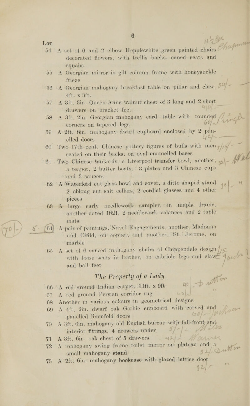 Lor N47, én 54 A set of 6 and 2 elbow Hepplewhite green painted chairs Sah na decorated flowers, with trellis backs, caned seats and Squabs 55 A Georgian mirror in gilt column frame with honeysuckle frieze | 56 A Georgian mahogany breakfast table on pales and claw, 2 ef 4tt. x 3ft. 57 A 8ft. 3in. Queen Anne walnut chest of 8 long and 2 short drawers on bracket feet 4h 58 &lt;A 8ft. 2in. Georgian mahogany card table with rounded | ips ee corners on tapered legs Ge / -/ Adie 59 «=A 2ft. 8in. mahogany dwarf cupboard enclosed by 2° pi eS {~./~— | elled doors : ; 60 Two 17th cent. Chinese pottery figures of bulls with men ¢//4/ + = seated on their backs, on oval enamelled bases i: / 61 Two Chinese tankards, a Liverpool transfer bowl, another, wats (a a teapot, 2 butter boats, -8 ‘plates and 3 Chinese cups and 38 saucers 62 A Waterford cut gluss bowl and cover, a ditto shaped stand ,, “ 2 oblong cut salt cellars, 2 cordial glasses and 4 other ~ | picees 63 A large early needlework sampler, in maple ibe another: dated 1821, 2 needlework valances and 2 table mats (64) A pair of paintings, Naval Engagements, another, Madonna and Child, on’ copper, ‘and ‘another, St.° Jerome, on marble 65 A set of 6 carved mahogany chairs of Chippendale design 4 6 , 4 with loose seats in leather, on cabriole legs and clay 4 nto” « and bali feet | The Property of a Lady. [ a lean 66 A red ground Indian’ carpet, 13ft. x 9ft. bo) &lt;p 67 A red ground Persian corridor rug 68 Another in various eclours in geometrical designs 69 A 4ft. 2in. dwarf oak Gothie cupboard with carved and 7.4 panelled linenfold doors Oe / ah 70 A 8ft. 6in. mahogany old English bureau with fall- Oy and interior fittings, 4 drawers under o/“]- VT 4 71 A 8ft. 6in. oak chest of 5 drawers | A mahogany swing frame toilet mirror on plateau ae a ta ‘ s = 4 ed small mahogany stand 73 A 2ft. 6in, mahogany bookcase with glazed lattice door 49] &amp; £y . H ;