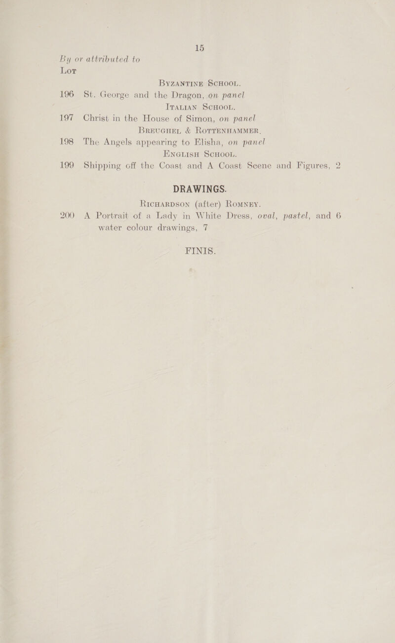 Lor BYZANTINE SCHOOL. St. George and the Dragon, on panel ITALIAN SCHOOL. Christ in the House of Simon, on panel BrEeUuGHEL &amp; RoTTENHAMMER, The Angels appearing to Elisha, on panel ENGLISH SCHOOL. Shipping off the Coast and A Coast Scene and Figures, 2 DRAWINGS. RICHARDSON (after) Romney. A Portrait of a Lady in White Dress, oval, pastel, and 6 water colour drawings, 7 ‘FINIS.
