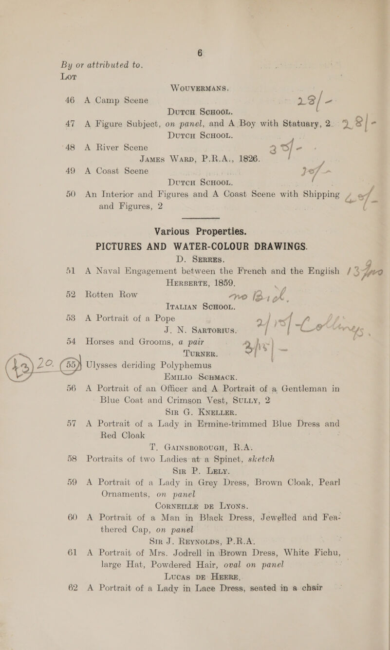 46 47 48 AQ 50 o4 56 57 59 60 61 W OUVERMANS. A Camp Scene 2@/- DutcH SCHOOL. : | A Figure Subject, on panel, and A ‘Boy with Statuary, 2. 9 S| « DutcH SCHOOL. A River Scene 2 we JAMES WarRD, P.R.A., 1826. / oe A A Coast Scene y vi 1 Deen ScHoot. An Interior and Figures and A Coast Scene with Shipping , | and Figures, 2 4 Various Properties. PICTURES AND WATER-COLOUR DRAWINGS. D. SERRES. A Naval Engagement between the French and the English / ¢ 34n< HERBERTE, 1859. Rotten Row , Pe “toe ig 1 ok 5 ITALIAN SCHOOL. : } f A Portrait of a Pope n)i\1 o j j ae wef fy f < — J. N. SaRvorius. j | CAO n64¢ Horses and Grooms, a pair | a ho) ‘TURNER. Rei Ulysses deriding Polyphemus EMILIO SCHMACK. A Portrait of an Officer and A Portrait of a Gentleman in Blue Coat and Crimson Vest, SuLLy, 2 Sir G. KNELLER. A Portrait of a Lady in Ermine-trimmed Blue Dress and Red Cloak Ce . T, GAINSBOROUGH, R.A. Portraits of two Ladies at a Spinet, sketch Siz B. Lewy. A Portrait of a Lady in Grey Dress, Brown Cloak, Pearl Ornaments, on panel CORNEILLE DE Lyons. A Portrait of a Man in Black Dress; Jewelled and Fea- thered Cap, on panel Sir J. Reynotps, P.R.A. A Portrait of Mrs. Jodrell: in ‘Brown Dress, White Fiehw, large Hat, Powdered Hair, oval on panel - Lucas DE HEERE, A Portrait of a Lady in Lace Dress, seated in a chair