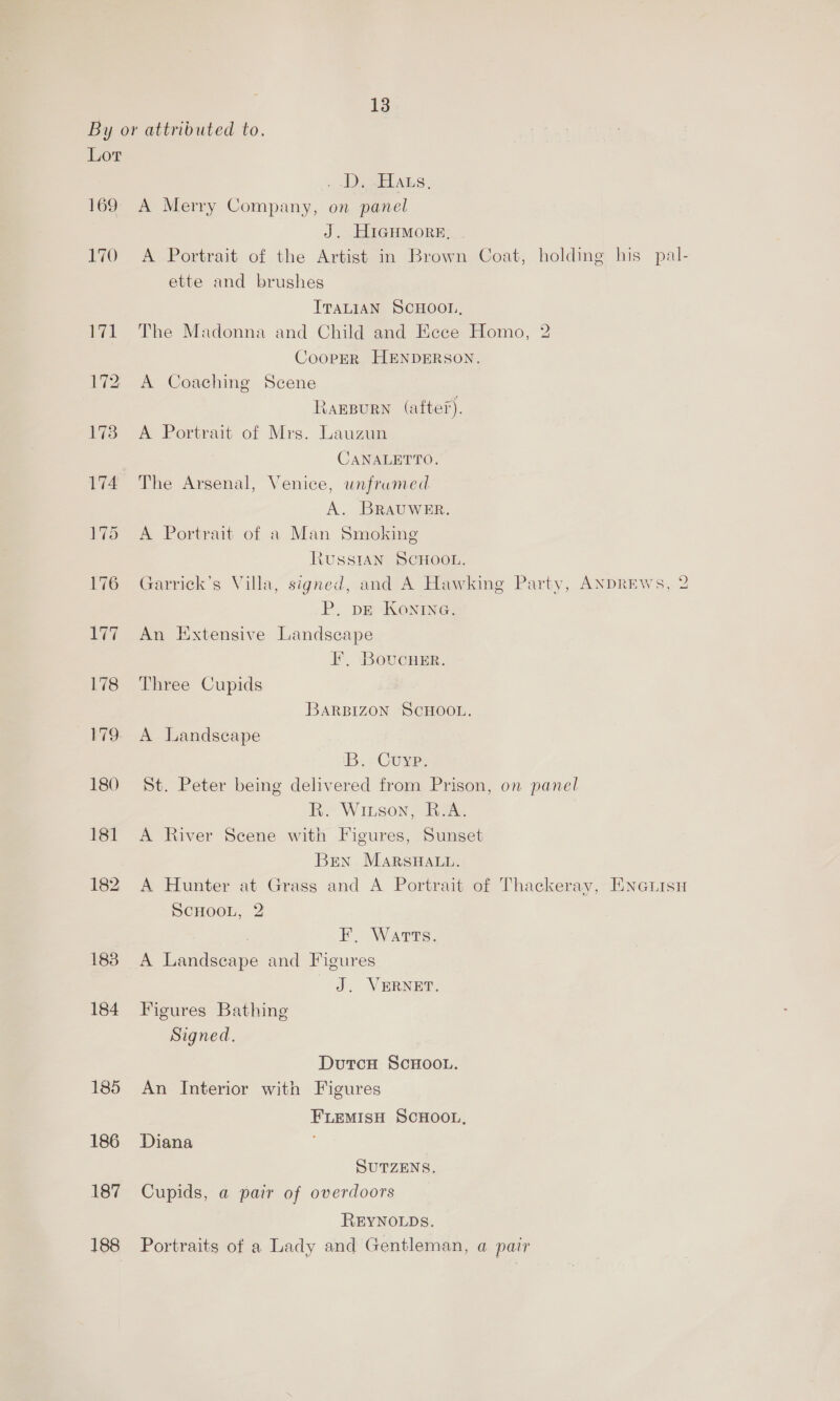 By or attributed to. Lor . Dy cELALS:. 169 A Merry Company, on panel J. HiGHMore, 170 A Portrait of the Artist in Brown Coat, holding his pal- ette and brushes ITALIAN SCHOOL, 171 The Madonna and Child and Ecce Homo, 2 Cooper HENDERSON. 172 A Coaching Scene RaBBuRN (afte?). 173 A Portrait of Mrs. Lauzun JANALETTO. 174 The Arsenal, Venice, unfrumed A. BRAUWER. 175 A Portrait of a Man Smoking Russian SCHOOL. 176 Garrick’s Villa, signed, and A Hawking Party, ANDREWs, 2 P. DE Konina. 177 An Extensive Landscape I’, BoucHEr. ) 178 Three Cupids BARBIZON SCHOOL. 179. A Landscape B.. Cuyp. 180 St. Peter being delivered from Prison, on panel R. Winson, BA. 181 A River Scene with Figures, Sunset Bren MarRsHatu. 182 A Hunter at Grass and A Portrait of Thackeray, EnGuisH SCHOOL, 2 ; | FE, Watts. 183 A Landscape and Figures J. VERNET. 184 Figures Bathing Signed, DutcH ScHooL. 185 An Interior with Figures FLEMISH SCHOOL, 186 Diana SUTZENS. 187 Cupids, a pair of overdoors REYNOLDS. 188 Portraits of a Lady and Gentleman, a pair