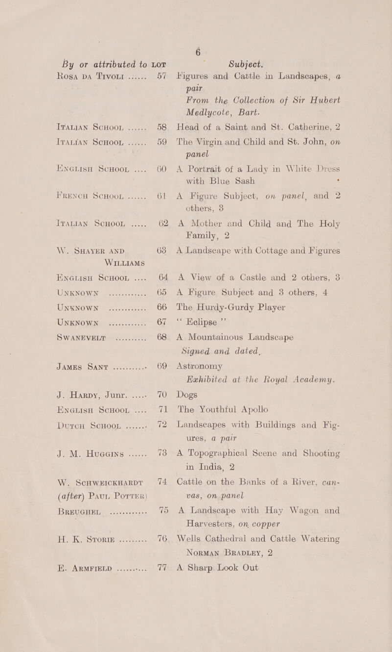 Roga DA Trvoui 57 eeeeee ITALIAN SCHOOL 2 elem 2 @ ITALIAN SCHOOL CHC Cur yt Yay ENGLISH “SCHOOL ... 0) PRENCM) DCHOOls.. ce: G1 UTA LIANE OC HOO woes, 62 W. SHAYER AND 63 WILLIAMS ENGLISH ScHoorn .... 64 ISNGN'G Wai eee a ike tae 65 LINEN WEN. es ee 66 COS ERIN OREN uae Shae, cee 67 SWANEVHDR. | s...0060, 68 JAMES OANT. Geers cceas 69 J VELARDY oa) (Yarn)... 70 HINGHISH SCHOOL. —.1. LL DWT CH US CHOOL: .6) 72 Jeo Me HUGGING 4.5.5. 12 W. ScHWEICKHARDT 74 (after) Paun PorrEr) BREUGHEL® tio. ssseesacs 75, Pee KS oO TORING... 76 jee A RAW Tesdy*.0, daaes .- Te A Figures and Cattle in Landscapes, a pair From the Collection of Sir Hubert Medlycote, Bart. Head of a Saint and St. Catherine, 2 The Virgin and Child and St. John, on panel A. Portrait of a Lady in White Dress with Blue Sash ‘ A Figure Subject, on panel, and 2 others, 3 A Mother and Child and The Holy Family, 2 A Landscape with Cottage and Figures A View of a Castle and 2 others, 3 A Figure Subject and 38 others, 4 The Hurdy-Gurdy Player ‘* Kelipse ”’ A Mountainous Landscape Signed and dated, Astronomy Exhibited at the Royal Academy. Dogs The Youthful Apollo Landscapes with Buildings and Fig- ures, a pair | A Topographical Scene and Shooting in India, 2 Cattle on the Banks of a River, can- vas, on panel A Landscape with Hay Wagon and Harvesters, on, copper Wells Cathedral and Cattle Watering NorMAN BRADLEY, 2 A Sharp Look Out
