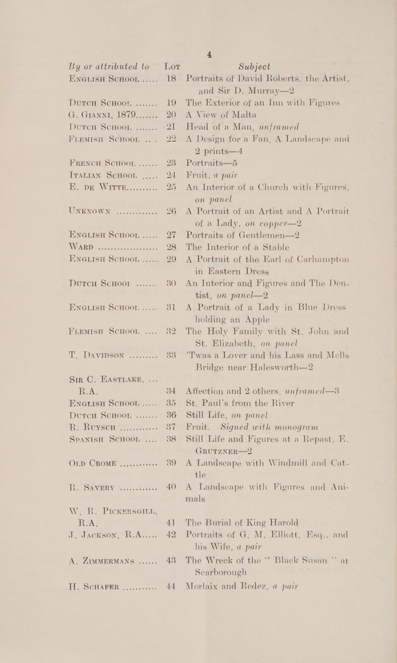 ENGLISH SCHOOL DutcH ScHootr. .. G. GIANNI, 1879.. DutTcH SCHOOL .. HLEMISH ScCHloon FRENCH SCHOOL . ITALIAN SCHOOL EK. pr WITTE..... UNENG WN: 12... WARD oreo eee eee eens DutcH ScCHOOT. .. ENGLISH SCHOOL FLEMISH SCHOOL TS DAVIDSON Sir C. HAstTLAKeE lays Enernisu ScHoon DutcH SCHOOL .. Re RULSCH Sree SPANISH SCHOOL ‘OUD CROME 2.0. &amp; R., DAVERY “ce. ee eee eee eeeee eeeee We .€ a oe eee eeone were re eeeee B.A, J, Jackson, R.A A. ZIMMERMANS . ee ScHAFER soevee *seee 4 Subject Portraits of David Roberts, the Artist, and Sir D. Murray—2 The Exterior of an Inn with Figures A View of Malta Head of a Man, unframed A Design for a Fan, A. Landscape and 2 prints—4 Portraits—6 Fruit, a pair An Interior of a Church with Figures, on panel A Portrait of an Artist and A Portrait of a Lady, on copper—2 Portraits of Gentlemen—2 The Interior of a Stable A Portrait of the Earl of Carhampton in Eastern Dress An Interior and Figures and The Den- tist, on panel—2 A Portrait of a Lady in Blue Dress holding an Apple The Holy Family with St. John and St. Hlizabeth, on panel : Twas a Lover and his Lass and Mells Bridge near Halesworth—2 Affection and 2 others, unframed—s St. Paul’s from the River Still Life, on panel Fruit. Signed with monogram Still Life and Figures at a Repast, E. GRUTZNER—2 A Landscape with Windmill and -Cat- tle A. Landscape with Figures and Ani- mals The Burial of King Harold Portraits of G. M. Elliott, Esq., and his Wife, a pair The Wreck of the ‘‘ Black Susan Scarborough “E at Morlaix and Redez, a pair