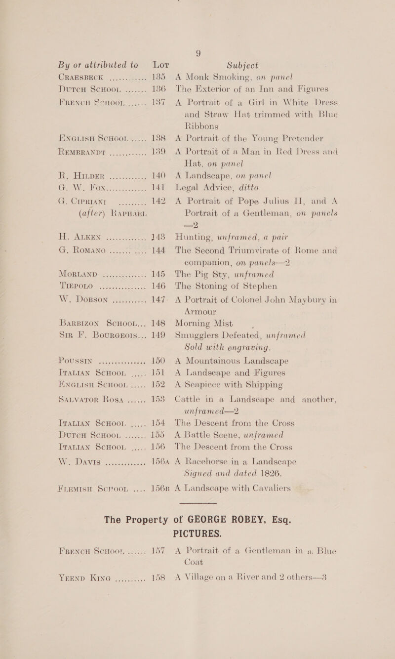 CRAPSBROK .0:.<. eee 135 Dunes SCHOOL ....... 186 PRENCH COMOOL......: 137 ENGLISH SCHOOL ..7.. 138 IREMBRAND —. >, ...0.2. 139 eo RED ce 7 oe 140 ONE TOs ts ae 141 Cn CIPRIAWT. ~ 6.0558 142 (after) LapHarn bb Agee, Se. 143 Gy ROMANO)... 144 ROR ARID cis ee a RS eres 145 TEP OMO! céee ies cncn css 146 Wr POBSON fo..6..04 147 BaRBIZON ScHoon... 148 sir F. Bouraesors... 149 POU SSIN’ <Giceseec late pe 6, ITALIAN SCHOOL ..... Lod HENGLISH SCHOOL ..... 2 SALVATOR ROSA ...... 153 ITALIAN SCHOOL .... 154 Durem SCBCOL,- ....<. 155 ITALIAN SCHOOL ..... 156 W. Davis eoeeevee eee ee 1564 HELEMISH ScCrOOL 1568 The Property FRENCH ScHoot, oer eee YEEND KING 158 eoereevreeo? A Monk Smoking, on panel The Exterior of an Inn and Figures A Portrait of a Girl in White Dress and Straw Hat trimmed with Blue Ribbons A Portrait of the Young Pretender A Portrait of a Man in Red Dress and Hat, on panel A Landscape, on panel Legal Advice, ditto A Portrait of Pepe Julius II, and A Portrait of a Gentleman, on panels aa, | Hunting, unframed, a pair The Second Triumvirate of Rome and companion, on panels—2 The Pig Sty, unframed The Stoning of Stephen A Portrait of Colonel John Maybury in Armour Morning Mist Smugglers Defeated, unframed Sold with engraving. A Mountainous Landscape A landscape and Figures A Seapiece with Shipping Cattle in a Landscape and another, unframed—2 The Descent from the Cross A Battle Scene, unframed The Descent from the Cross A Racehorse in a Landscape Signed and dated 1826. A Landscape with Cavaliers of GEORGE ROBEY, Esq. PICTURES. A Portrait of a Gentleman in a Blue Coat A Village on a River and 2 others—3