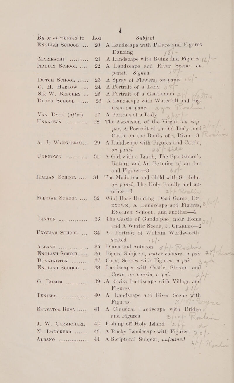 ENGLISH SCHOOL ... MARIESCHI ITALIAN SCHOOL DutcH ScHoon G. H, Hartow Siz W. BEEcHEY ... DutcH ScHoon eee eee Van Dycx (after) UNKNOWN ? A. J. WYNGAERDT... UNKNOWN 6006. 0 t6 66 0 6 ITALIAN SCHOOL FLEVISH SCHOOL ... TANTON 452535) 0: eee F ENGLISH SCHOOL ... PSUR AN Oa Gr. ee hes ss bee ENGLISH SCHOOL .... BONRNINGTON 9. .cetkes ENGLISH SCHOOL ... BOrHM ..... Ray PRN IBRS sere re cies SALVATOR Rosa J. W. CARMICHAEL N. DANCKERD ALBANO eeeeeeeeeesesere 20 Ww po Ww bo pw Ww Ov HR iw) ep) bo ~ 28 31 OF Or 37 AQ 4] 42 43 44 4 A Landscape with Palace ae Figures Dancing A Landscape and River S¢ene, on panel. Signed }’ A Spray of Flowers, on panel A Portrait of a Lady A Portrait of a Gentleman 9 A Landscape with Waterfall and Fig- ures, on panel A Portrait of a Lady The Ascension of the Virgin, on cop- per, A Portrait of an Old Lady, and Cattle on the Banks of a River—3 A Landscape with Figures and Cattle,  x on panel A Girl with Return and An Exterior of an Inn and Figures—8 The Madonna and Child with St. John on panel, The Holy Family and an- other—3 | Wild Boar Hunting. Dead Game, Un- A Landscape and Figures, 4 a Lamb, The. Sportsman’s KNOWN, K\NGLISH SCHOOL, The and A Winter Scene, J. CHARLES—2 A> Portrait of W ithe Wordsworth, seated ie) Diana and eal - and another  a par Figure Subjects, water colours, Coast Scenes eh Figures, a pair Landseapes with Castle, Stream and b) Cows, on panels, a pair Ah -A swiss Landscape with Village ane Ficures 2] A Landscape and River Scene with Figures A Classical pe ee with and Figures Fishing off Holy ila ~ | A Rocky Landscape with Figures Bridge A Scriptural Subject, unframed ry 5 wee