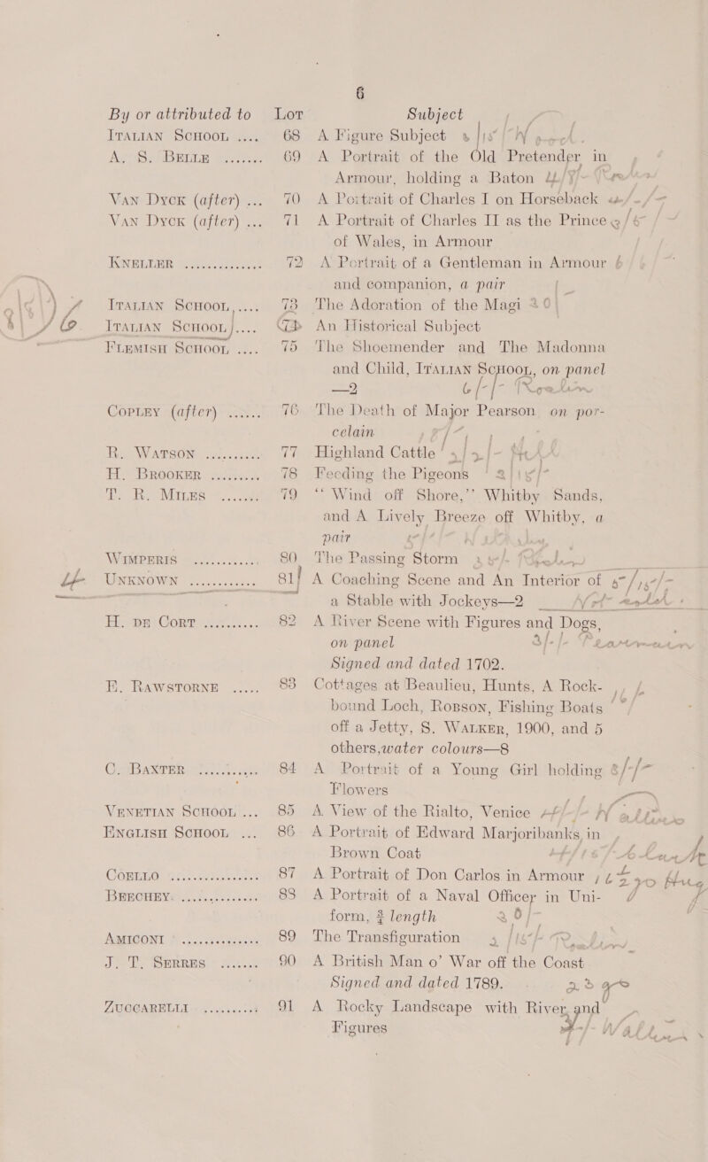 By or attributed to Lot Subject Laat Tranian Scuoon .... 68 A Figure Subject » is W , Agee hate metre 69 <A Portrait of the Old Pretender in Armour, holding a Baton 2b/Y/~ \“4* Van Dyox (after)... 70 <A Portrait of Charles I on Horseback «#/-, Van Dyck (after)... 71 A Portrait of Charles II as the Princeg lf of Wales, in Armour NBER bho ct! 72 A Portrait of a Gentleman in Armour and companion, @ pair IrauIAn ScHoou,..... 73 The Adoration of the Magi 20} r ItantaAn ScuHooi).... WS An Historical Subject than ase FLemisu Scuoor, .... 70 The Shoemender and The Madonna and Child, Iranian PPOs on panel } = of-[- Raabe CopLay (after): 0... 76 The Death of Major Pearson on por- celain pa Hea AreOny oot. ost 77 Highland Cattle / s/a} Nee r H: ‘BROOKER «idle... 78 edhe the Pigeons ' 8 as >. fea ETL ed 79: ~* Wiad-ioff Shore.”’ Whitby Sands, and A Lively Breeze off Whitby, a Dart Warns o.)...6.2 . 80 The Passing Storm a+ Mle, a WMENOWN ooo -o.occcce Sif A Coaching Scene and An Tntert or of pes fe /— o2 A faitein, a Stable with Jockeys—2 _ — A/rt~ ented $ Ee tee Gon <:..: 82 A River Scene with Figures and Dogs, on panel 3/- / LAMA AS Signed and dated 1702. BE. RaAWSstToRNE ...... 83 Cottages at Beaulieu, Hunts, A Rock- , bound Loch, Rosson, Fishing Boats fe off a Jetty, 8. WaLKEr, 1900, and 5 others,water colours—8 ; Carp axrepe i... cy (84 A Portvarts of a Young) Girl holding s/-/- : Flowers oe VENETIAN ScuooL... 85 <A View of the Rialto, Venice 4«¢ Ay » feo Eneuisn Scnoot ... 86 A Portrait of iteiprard Marjoribanks, in Brown Coat : Ay Leen Jb CHOBRUO) GT. bese 87 <A Portrait of Don Carlos in Armour L¢é a o Has BROHBYS S226: 5 83 A Portrait of a Naval SEs m Unie £ d form, # length 2 5 j- he AarGONT Pho: 3s Sheeens 89 The Tregeaee lation 5 ik FOSS, hes Jee, Spares: b.tly 90 <A British Man o’ War off the nee / Signed and dated 1789. an ZUGGABELLI +4 ..n.0.50% 1 A Rocky Landscape with River nd > Figures y, W/ af t, Sj oe