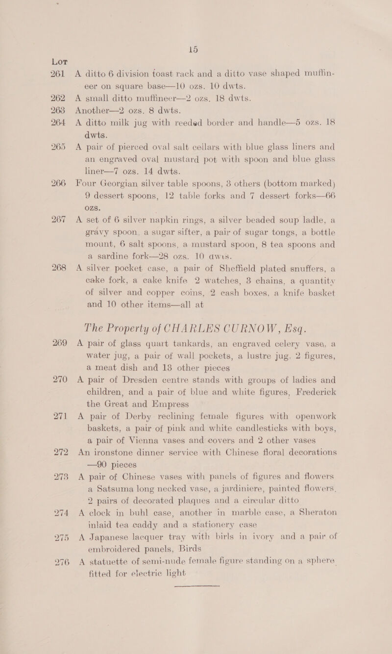 269 270 271 15 A. ditto 6 division toast rack and a ditto vase shaped muttin- eer on square base—10 ozs. 10 dwts. A small ditto muffineer—2 ozs, 18 dwts. Another—2 ozs. 8 dwts. A ditto milk jug with reeded border and handle—5 ozs. 18 dwits. A pair of pierced oval salt cellars with blue glass liners and an engraved oval mustard pot with spoon and blue glass liner—7 ozs. 14 dwts. Four Georgian silver table spoons, 3 others (bottom marked) 9 dessert spoons, 12 table forks and 7 dessert forks—66 ozs. A set of 6 silver napkin rings, a silver beaded soup ladle, a gravy spoon, a sugar sifter, a pair of sugar tongs, a bottle mount, 6 salt spoons, a mustard spoon, 8 tea spoons and a sardine fork—28 ozs. 10 awus. A silver pocket case, a pair of Sheffield plated snuffers, a cake fork, a cake knife 2 watches, 8 chains, a quantitiy of silver and copper coins, 2 cash boxes, a knife basket and 10 other items—all at Phe Property of CHARLES CURNOW, Esq. A pair of glass quart tankards, an engraved celery vase, a water Jug, a pair of wall pockets, a lustre jug, 2 figures, a meat dish and 18 other pieces A pair of Dresden centre stands with groups of ladies and children, and a pair of blue and white figures, Frederick the Great and Kmpress | A pair of Derby reclining female figures with openwork baskets, a pair of pink and white candlesticks with boys, a pair of Vienna vases and covers and 2 other vases An ironstone dinner service with Chinese floral decorations —90 pieces A pair of Chinese vases with panels of figures and flowers a Satsuma long necked vase, a jardiniere, painted flowers, 2 pairs of decorated plaques and a circular ditto A clock in buhl case, another in marble case, a Sheraton inlaid tea caddy and a stationery case A Japanese lacquer tray with birls in ivory and a pair of embroidered panels, Birds A statuette of semi-nude female figure standing on a sphere fitted for electric lght