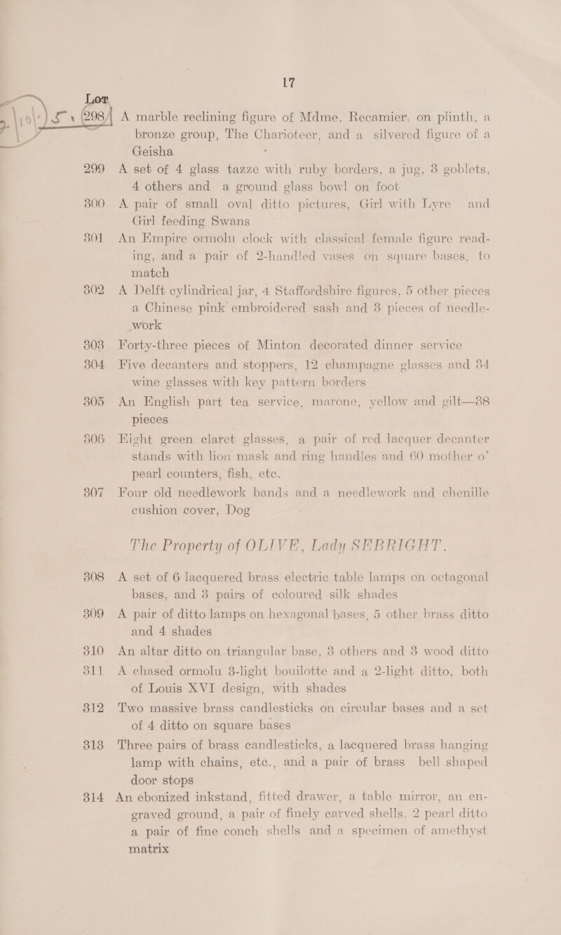   303 B04 305 506 B07 308 312 b138 314 17 bronze group, The Charioteer, and a silvered figure of a Geisha A set of 4 glass tazze with ruby borders, a jug, 3 goblets, 4 others and a ground glass bowl on foot A pair of small oval ditto pictures, Girl with Lyre and Girl feeding Swans An Empire ormolu clock with classical female figure read- ing, and a pair of 2-handled vases on square bases, to match A Delft cylindrical jar, 4 Staffordshire figures, 5 other pieces a Chinese pink embroidered sash and 8 pieces of needle- work Forty-three pieces of Minton decorated dinner service Five decanters and stoppers, 12 champagne elasses and 84 wine glasses with key pattern borders An English part tea service, marone, yellow and eilt—8s pieces Hight green claret glasses, a pair of red lacquer decanter stands with lion mask and ring handles and 60 mother o’ pearl counters, fish, ete. Four old needlework bands and a needlework and chenille eushion cover, Dog The Property of OLIVE, Lady SEBRIGHT. A set of 6 lacquered brass electric table lamps on octagonal bases, and 3 pairs of coloured silk shades A pair of ditto lamps on hexagonal bases, 5 other brass ditto and 4 shades An altar ditto on triangular base, 8 others and 38 wood ditto A chased ormolu 38-light bouilotte and a 2-light ditto, both of Louis XVI design, with shades Two massive brass candlesticks on circular bases and a set of 4 ditto on square bases Three pairs of brass candlesticks, a lacquered brass hanging lamp with chains, etc., and a pair of brass bell shaped door stops An ebonized inkstand, fitted drawer, a table mirror, an en- graved ground, a pair of finely carved shells, 2 pearl ditto a pair of fine conch shells and a specimen of amethyst matrix