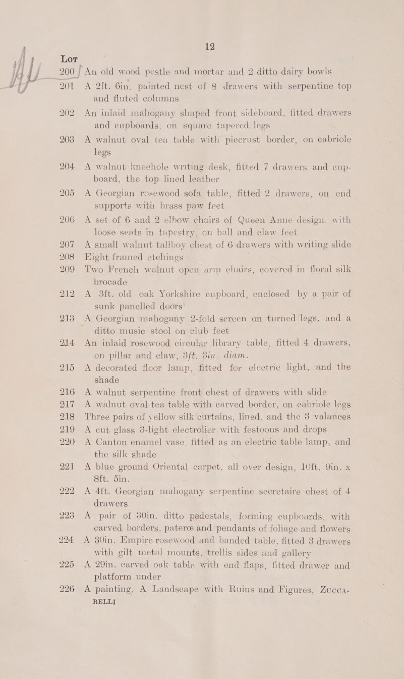 226 12 A 2ft. Gin. painted nest of § drawers with serpentine top and fluted columns An inlaid mahogany shaped front sideboard, fitted drawers and cupboards, on square tapered legs A walnut oval tea tuble with piecrust border, on cabriole legs A walnut kneehole writing desk, fitted 7 drawers and cup- board, the top lined leather A Georgian rosewood sofa table, fitted 2 drawers, on end supports with brass paw feet A set of 6 and 2 elhow chairs of Queen Anne design. with loose seats in tupestry, on ball and claw feet A small walnut tallboy chest of 6 drawers with writing slide Hight framed etchings Two French walnut open arm chairs, covered in floral silk brocade A 3ft. old oak Yorkshire cupboard, enclosed by a pair of sunk panelled doors ditto music stool on club feet An inlaid rosewood circular library table, fitted 4 drawers, on pillar and claw, 8ft, 3in. diam. A decorated floor lamp, fitted for electric light, and the shade A walnut serpentine front chest of drawers with slide A walnut oval tea table with carved border, on cabriole legs Three pairs of vellow silk curtains, lined, and the 38 valances A cut glass 8-light electrolier with festoons and drops A Canton enamel vase, fitted ag an electric table lamp, and the silk shade A blue ground Oriental carpet, all over design, 10ft. Qin. x Sft. din. A 4ft. Georgian mahogany serpentine secretaire chest of 4 drawers A pair of 80in. ditto pedestals, forming cupboards, with carved, borders, paterce and pendants of folhage and flowers A 30in. EXmpire rosewood and banded table, fitted 3 drawers with gilt metal mounts, trellis sides and gallery A 29in. carved oak table with end flaps, fitted drawer and platform under A painting, A Landscape with Ruins and Figures, Zucca- RELLI