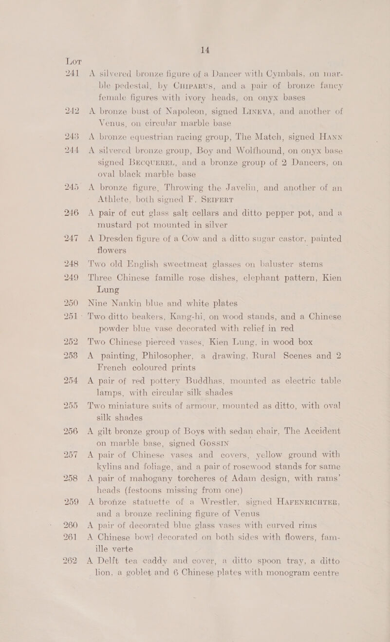 A silvered bronze figure of a Dancer with Cymbals, on mar- ble pedestal, by Curearus, and a pair of bronze fancy female figures with ivory heads, on onyx bases A bronze bust of Napoleon, signed Lingva, and another of Venus, ou circular marble base A bronze equestrian racing group, The Match, signed Hann A silvered bronze group, Boy and Wolfhound, on onyx base signed BECQUEREL, and a bronze group of 2 Dancers, on oval black marble base A bronze figure, Throwing the Javelin, and another of an Athlete, both signed F. Srirerr A pair of cut glass salt cellars and ditto pepper pot, and a mustard pot mounted in silver A Dresden figure of a Cow and a ditto sugar castor, painted flowers | Two old English sweetmeat glasses on baluster stems Three Chinese famille rose dishes, elephant pattern, Kien Lung Nine Nankin blue and white plates Two ditto beakers, Kang-hi, on wood stands, and a Chinese powder blue vase decorated with relief in red Two Chinese pierced vases, Kien Lung, in wood box A painting, Philosopher, a drawing, Rural Scenes and 2 French coloured prints A pair of red pottery Buddhas, mounted as electric table lamps, with circular silk shades Two miniature suits of armour, mounted as ditto, with oval silk shades A gilt bronze group of Boys with sedan chair, The Accident on marble base, signed GossIN A pair of Chinese vases and covers, yellow ground with kylins and foliage, and a pair of rosewood stands for same A pair of mahogany torcheres of Adam design, with rams’ heads (festoons missing from one) A bronze statuette of a Wrestler, signed HarENRICHTER, and a bronze reclining figure of Venus A pair of decorated blue glass vases with curved rims A Chinese bow] decorated on both sides with flowers, fam- ille verte A Delft tea caddy and cover, a ditto spoon tray, a ditto _lon, a goblet and 6 Chinese plates with monogram centre
